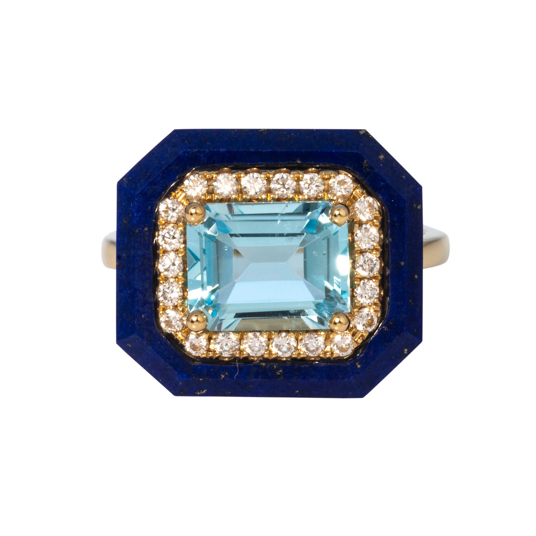 Emerald-Cut Blue Topaz, Diamond & Lapis 18K Yellow Gold Ring