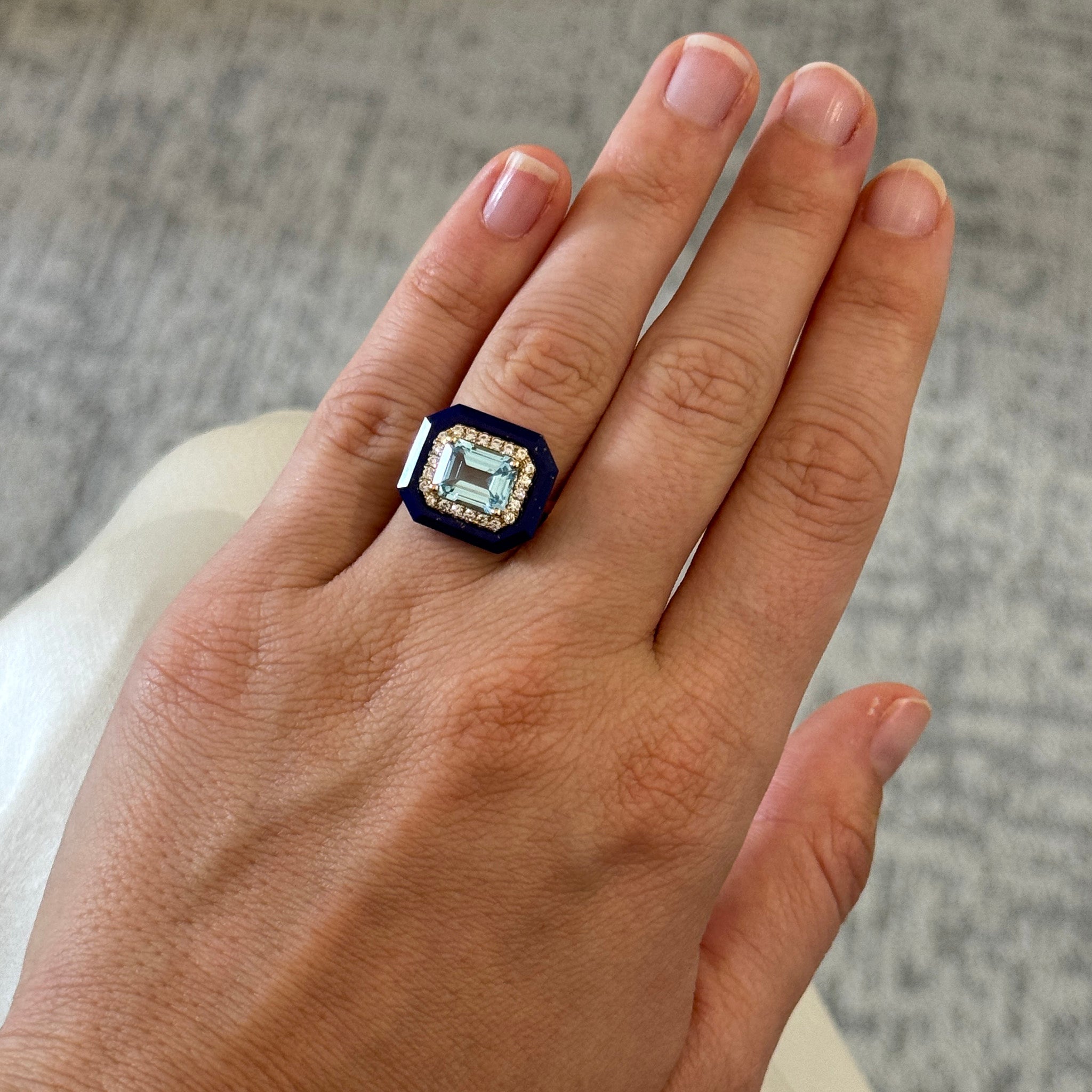 Emerald-Cut Blue Topaz, Diamond & Lapis 18K Yellow Gold Ring