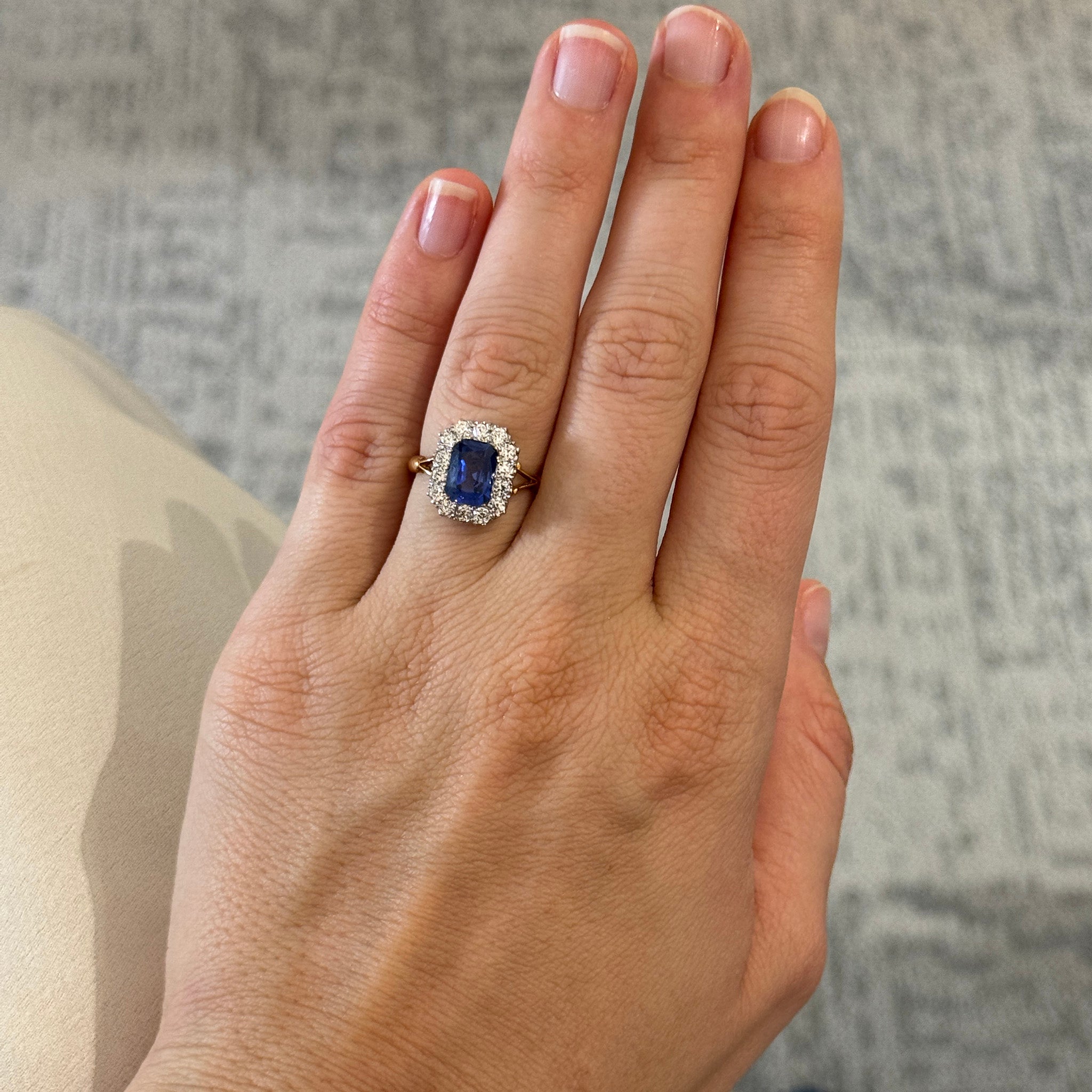 Victorian-Style Emerald-Cut Sapphire & Diamond Cluster Ring