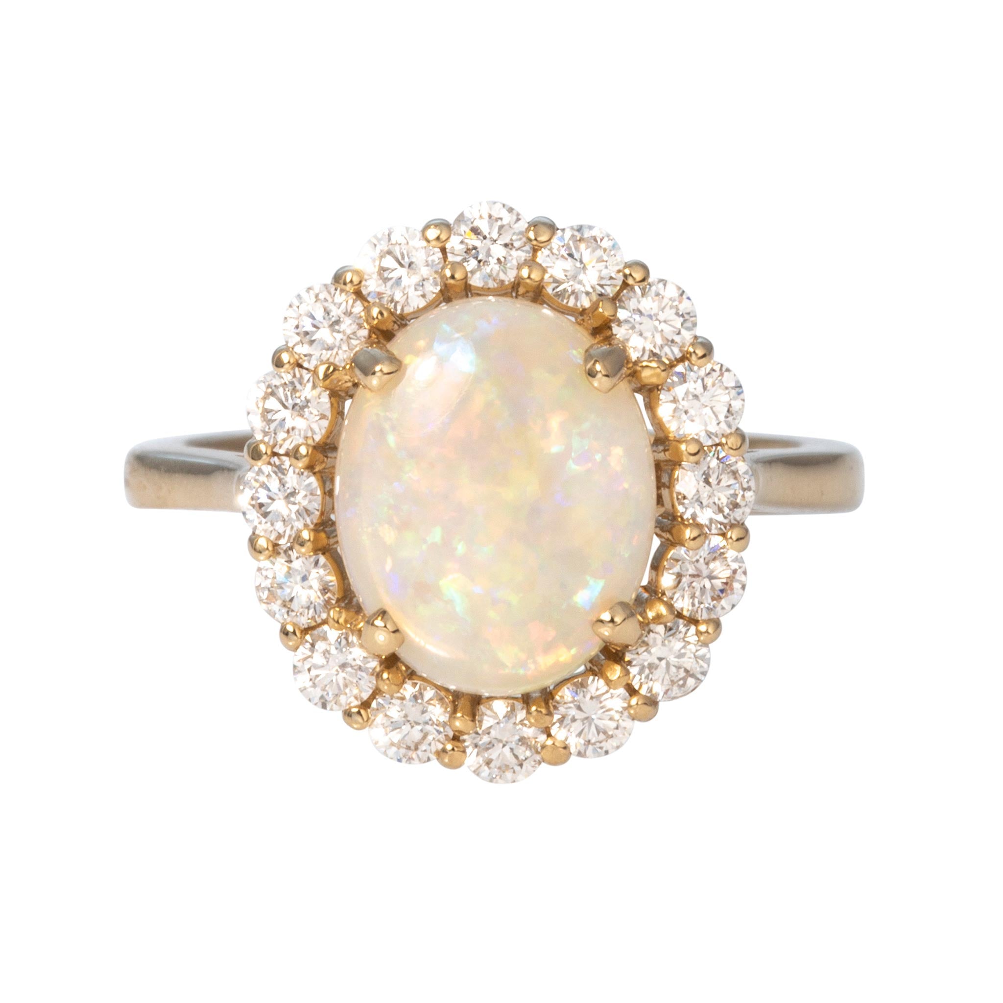 1.60ct Oval Opal & Diamond Cluster 14K Yellow Gold Ring