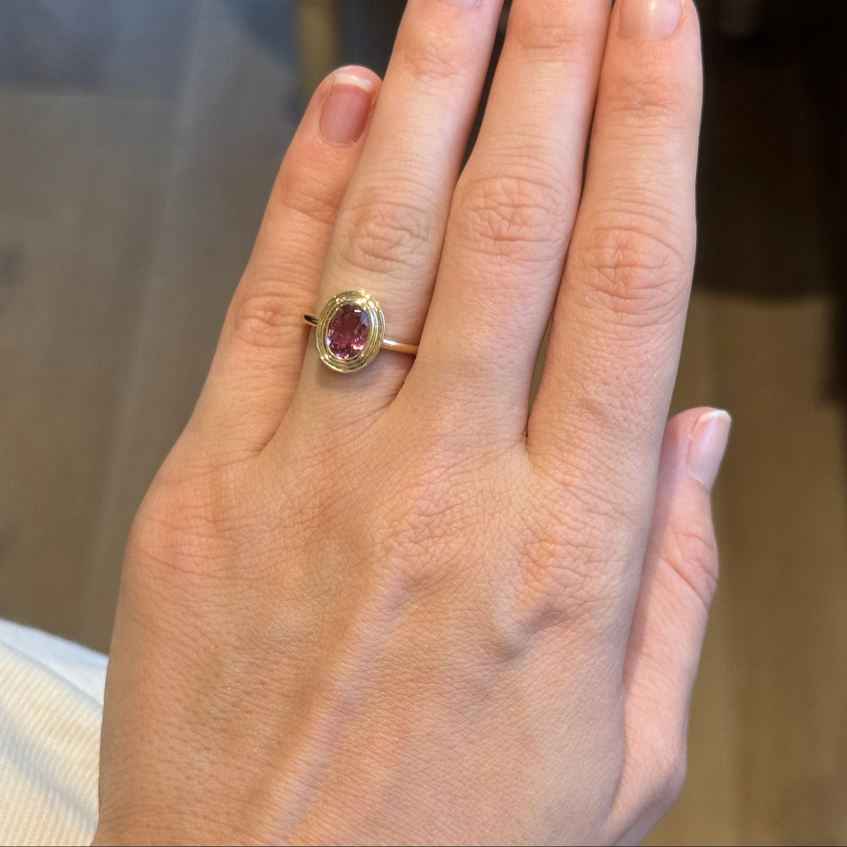 Pink Tourmaline 14K Yellow Gold Double Bezel Ring