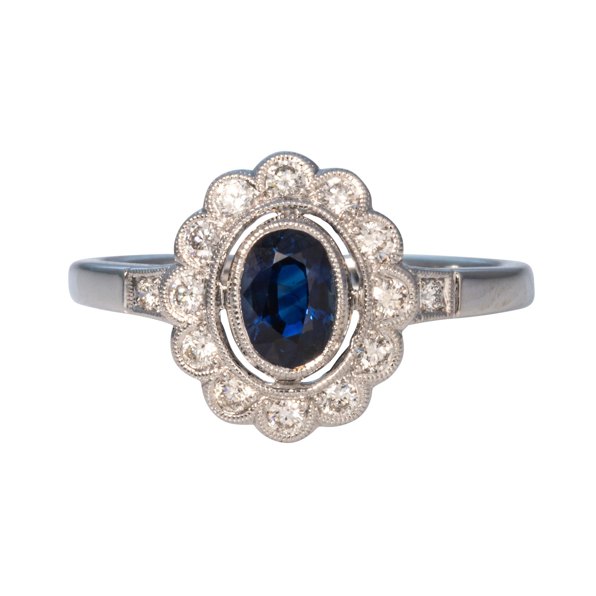 Oval Sapphire & Diamond Scalloped Halo 14K White Gold Ring