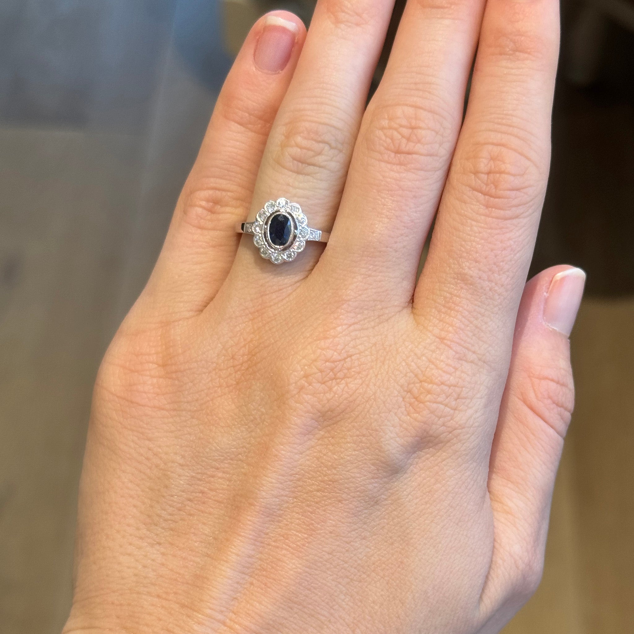 Oval Sapphire & Diamond Scalloped Halo 14K White Gold Ring