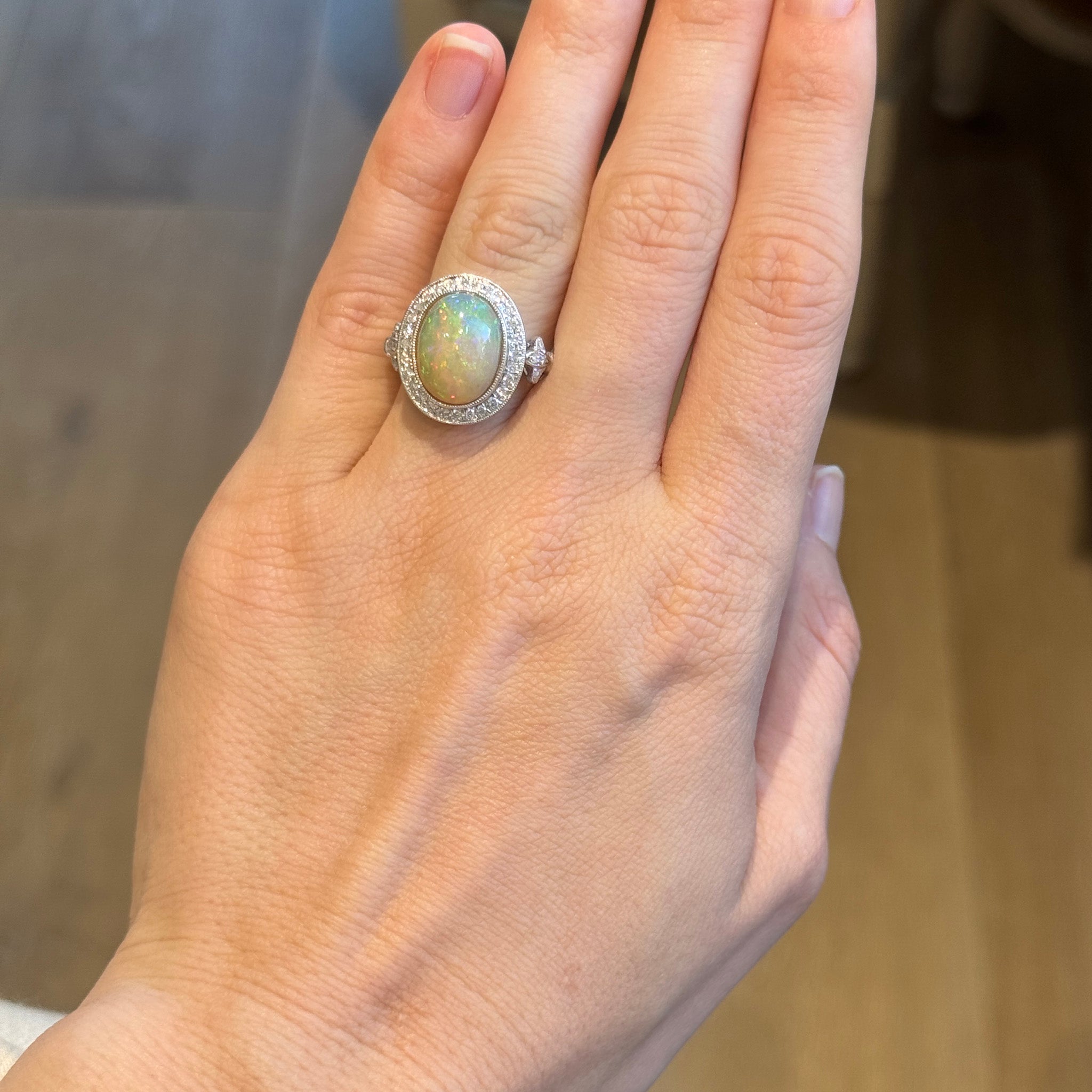 3.88ct Oval Opal & Diamond Halo 14K White Gold Ring