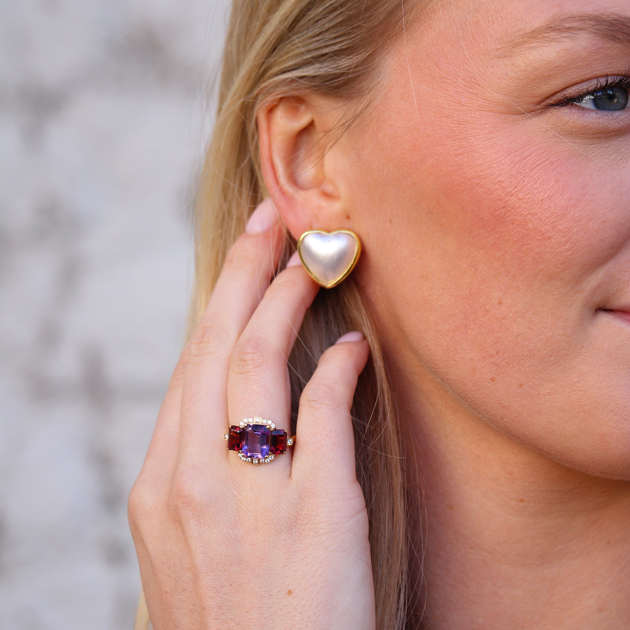 Mazza Mabe Pearl 14K Yellow Gold Heart Earrings, Goshwara 3-Stone Amethyst & Garnet 18K Gold Ring