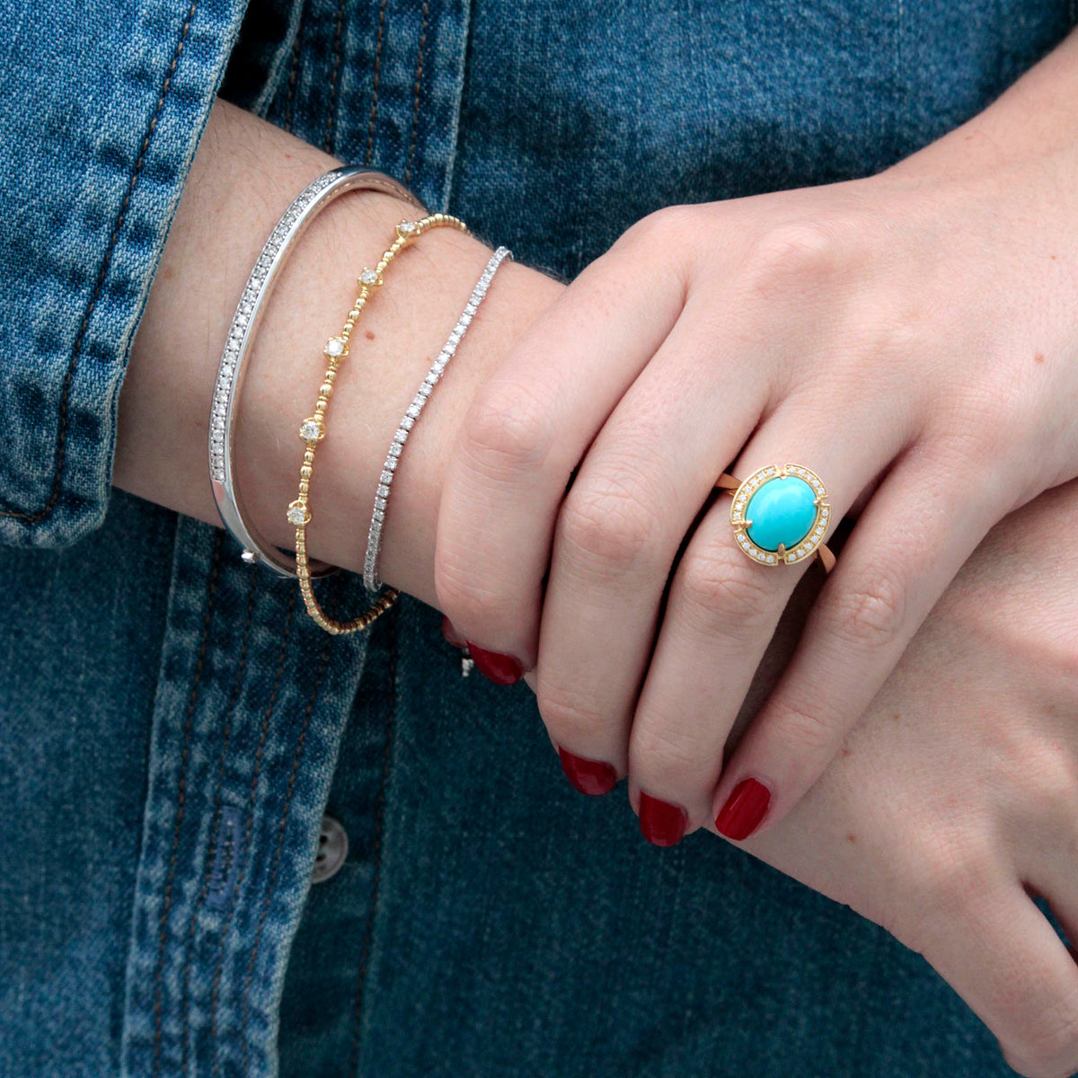Oval Cabochon Turquoise & Diamond 14K Yellow Gold Ring, .60ctw Diamond Pavé 18K White Gold Square Bangle, Diamond 5-Station 14K Yellow Gold Beaded Flexible Bangle