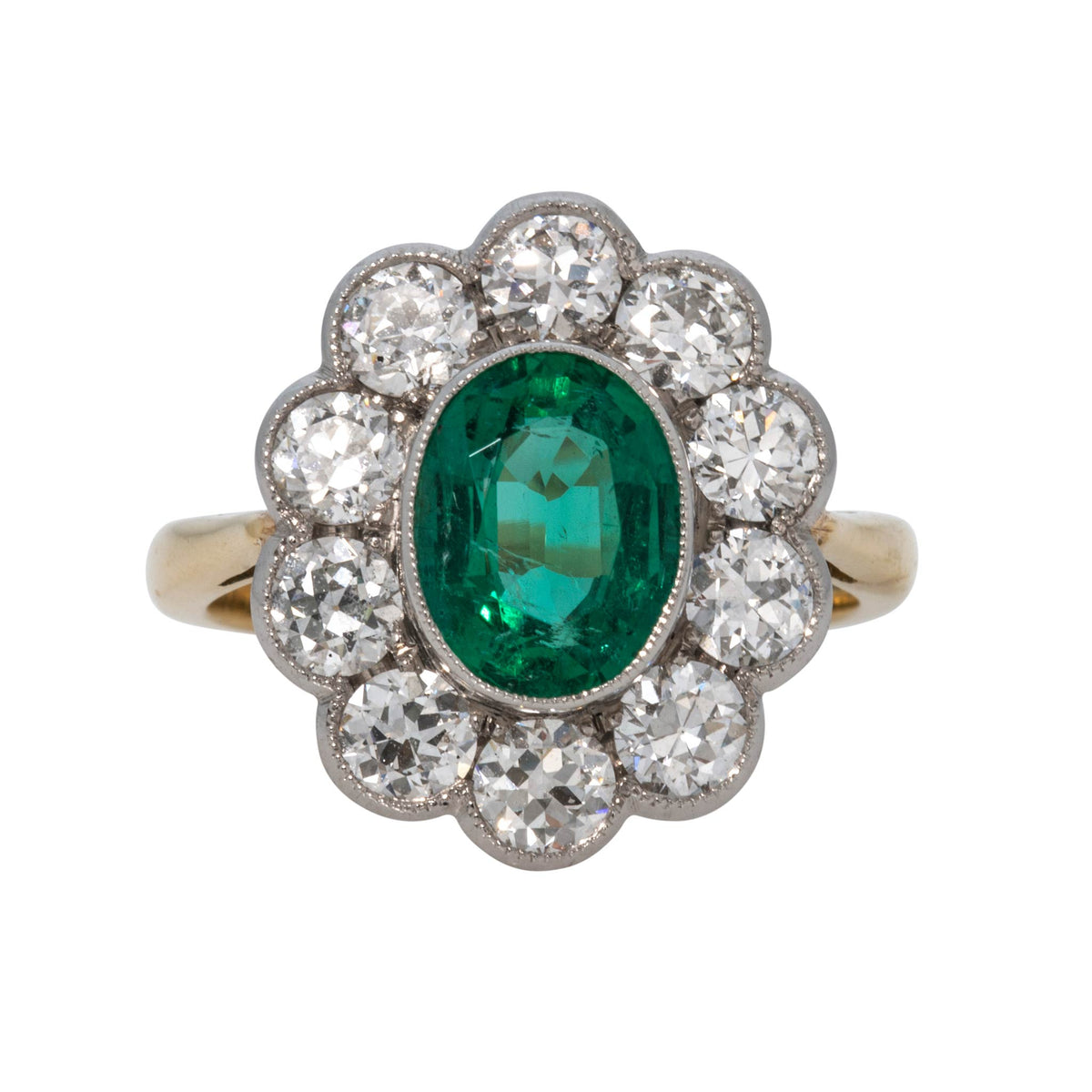 Victorian-Style Oval Emerald & Diamond Scalloped Cluster Ring