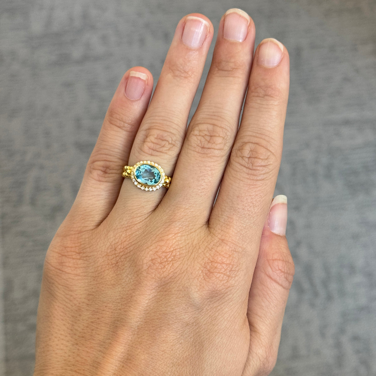 Mazza Blue Topaz & Diamond Halo 14K Gold Beaded Ring