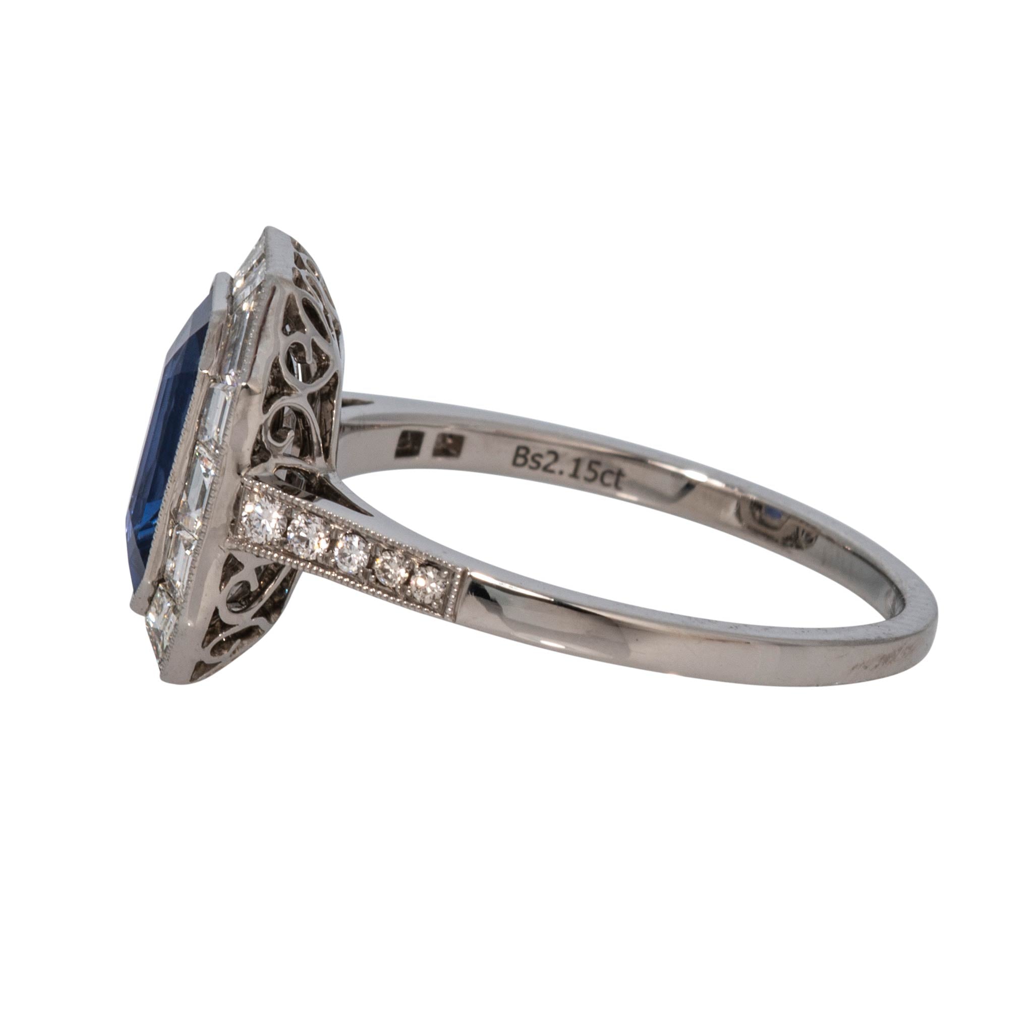 2ct Emerald-Cut Sapphire & Baguette Diamond Halo Platinum Ring