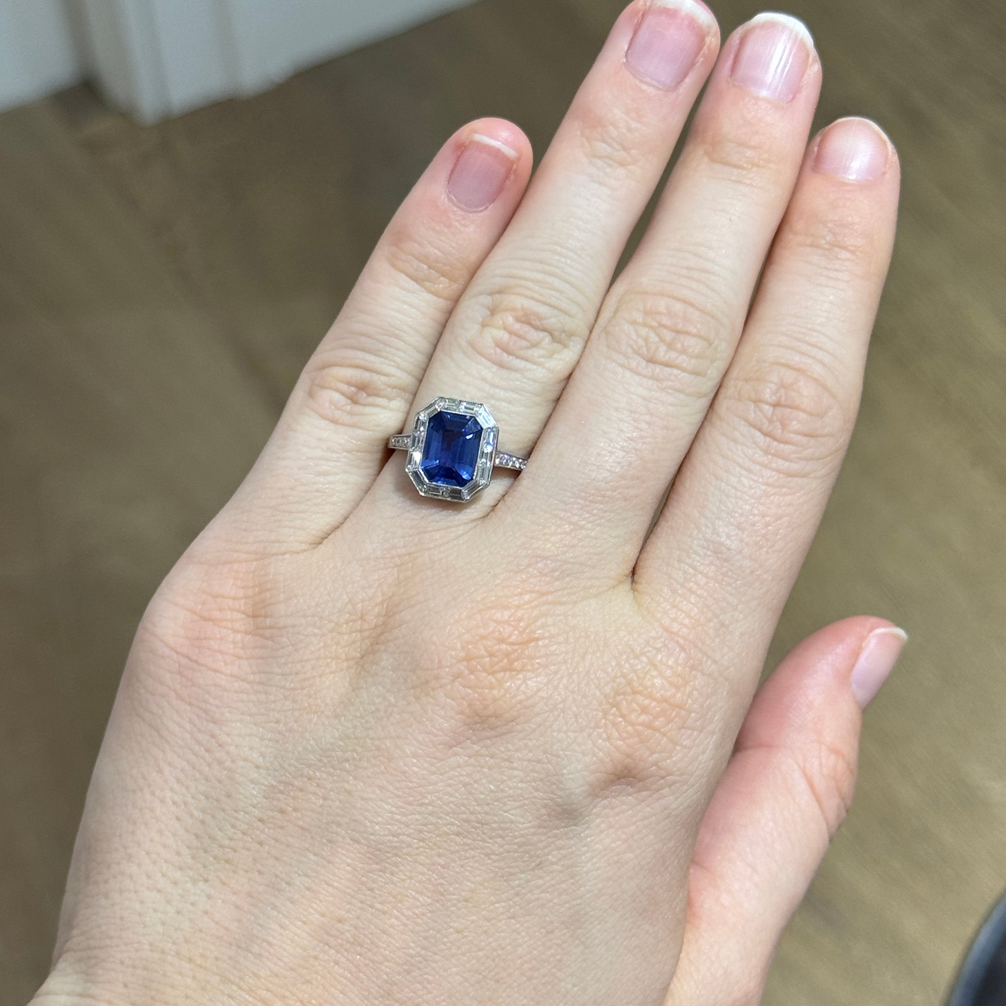 2ct Emerald-Cut Sapphire & Baguette Diamond Halo Platinum Ring