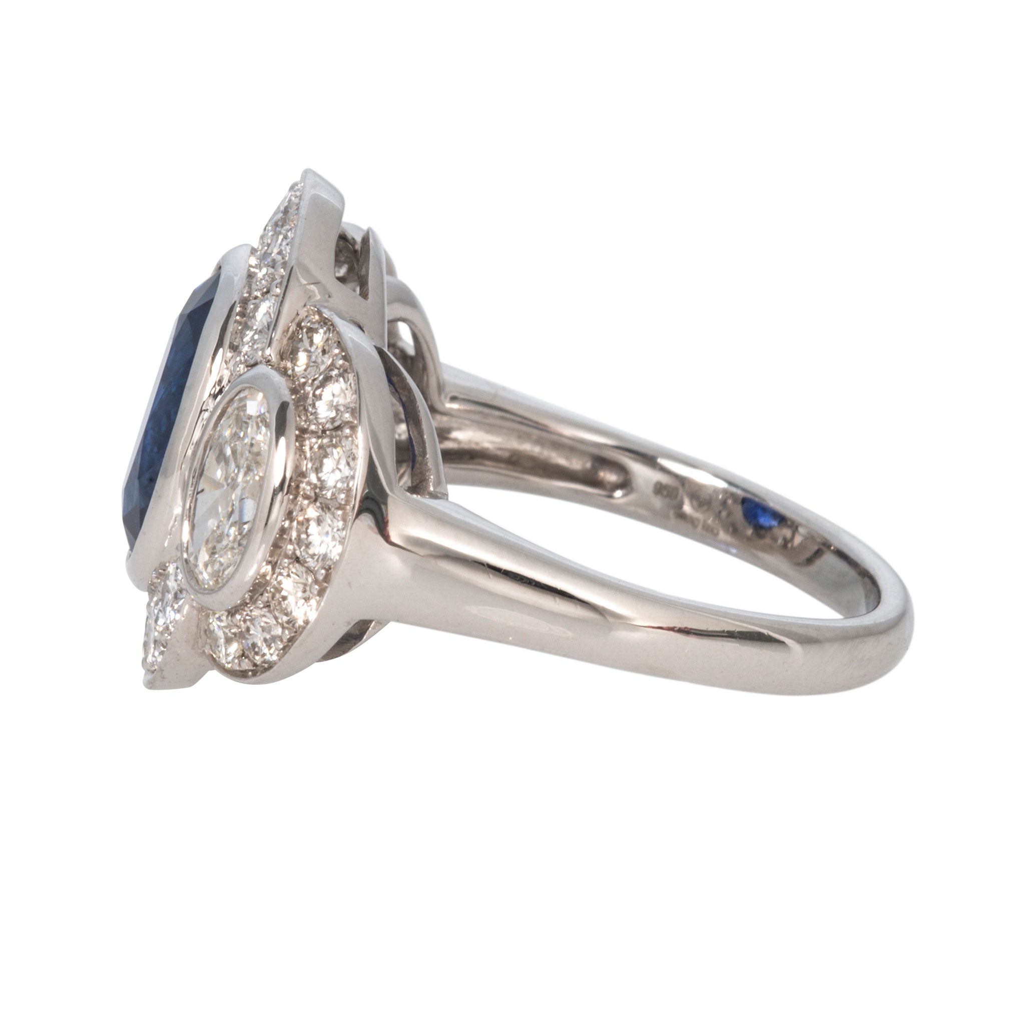 Oval Sapphire & Diamond Three-Stone Halo Platinum Ring