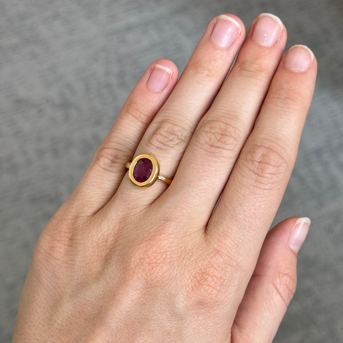 2.35ct Oval Ruby Bezel Set 18K Yellow Gold Ring