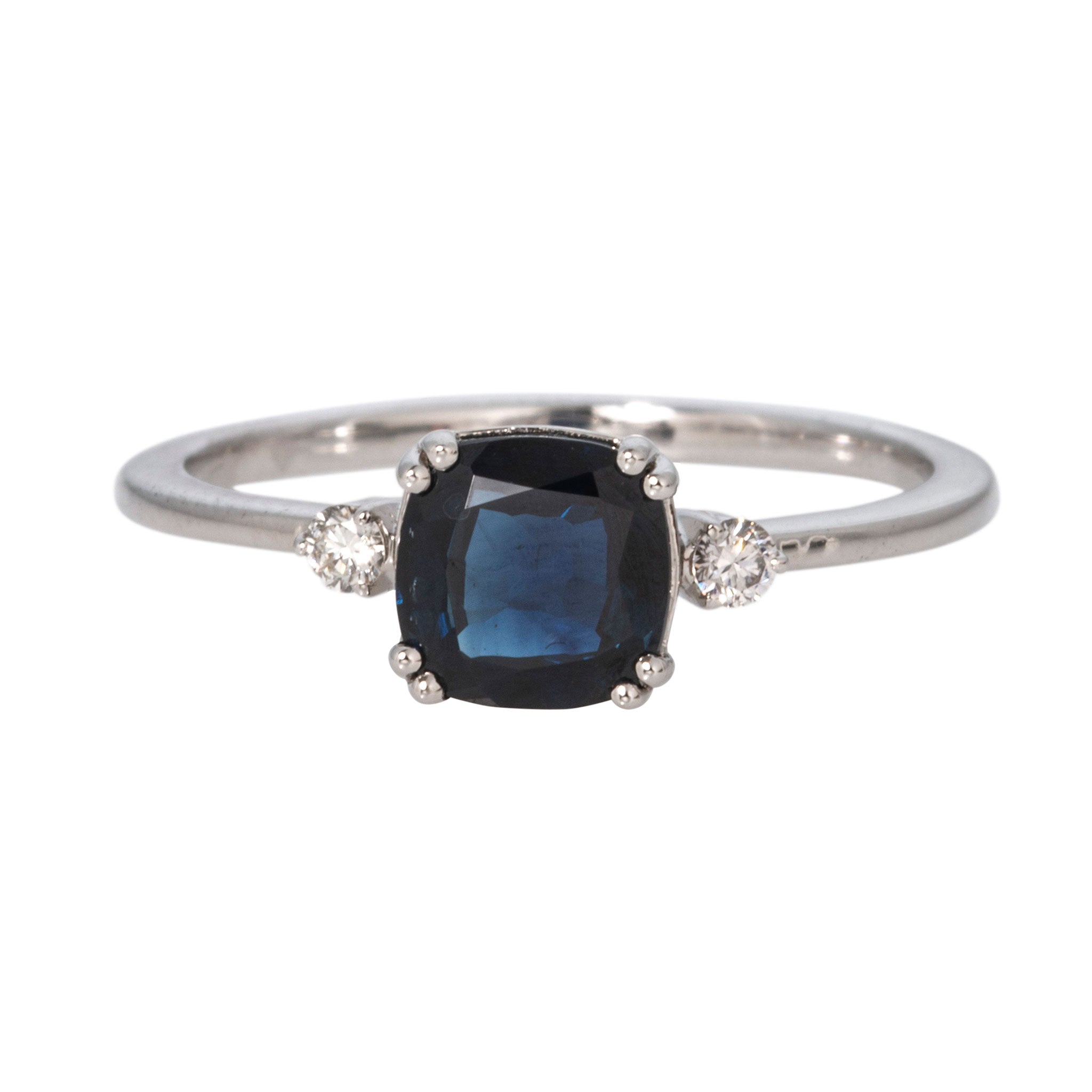 Cushion Blue Sapphire & Diamond Three-Stone 14K White Gold Ring