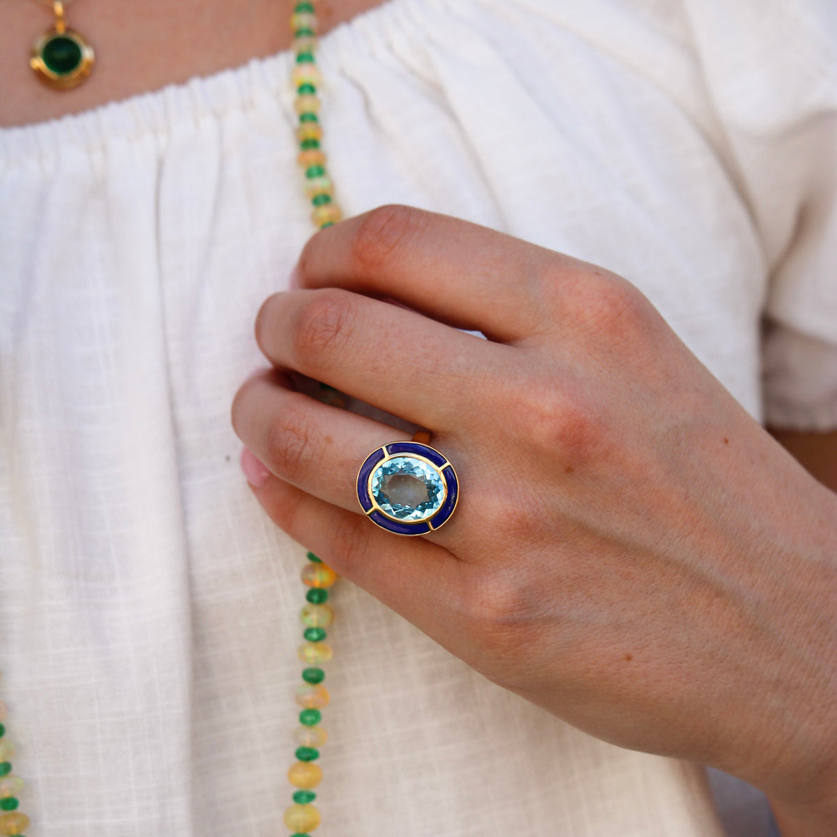Goshwara Oval Blue Topaz & Lapis Inlay 18K Gold Ring