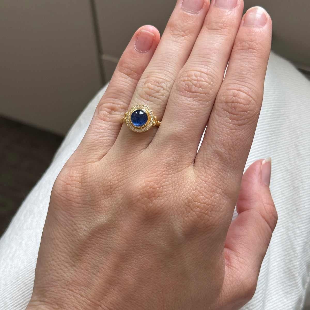 Kyanite Cabochon & Diamond Halo 14K Yellow Gold Ring