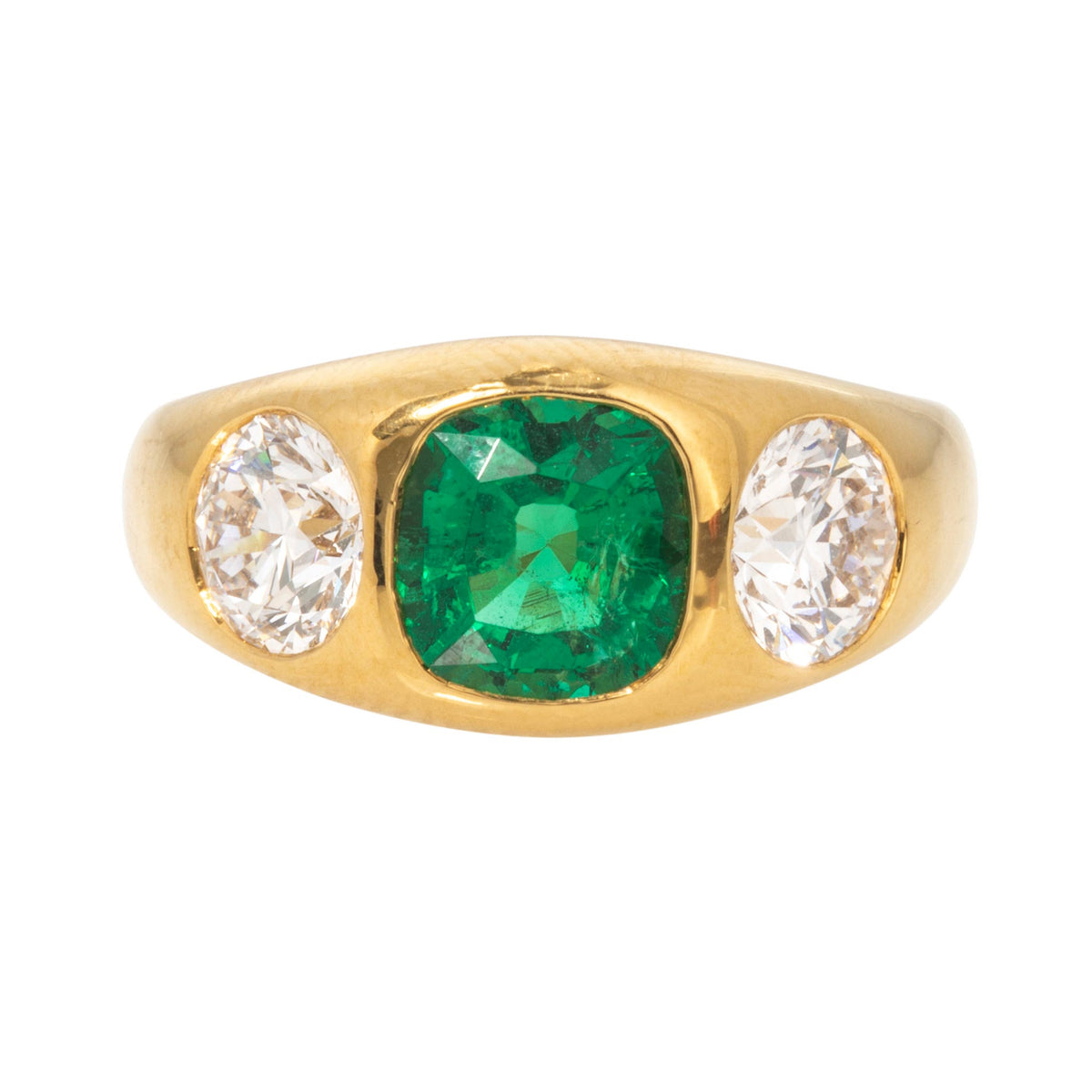 1.60ct Emerald & Diamond Three-Stone 18K Yellow Gold Gypsy Ring