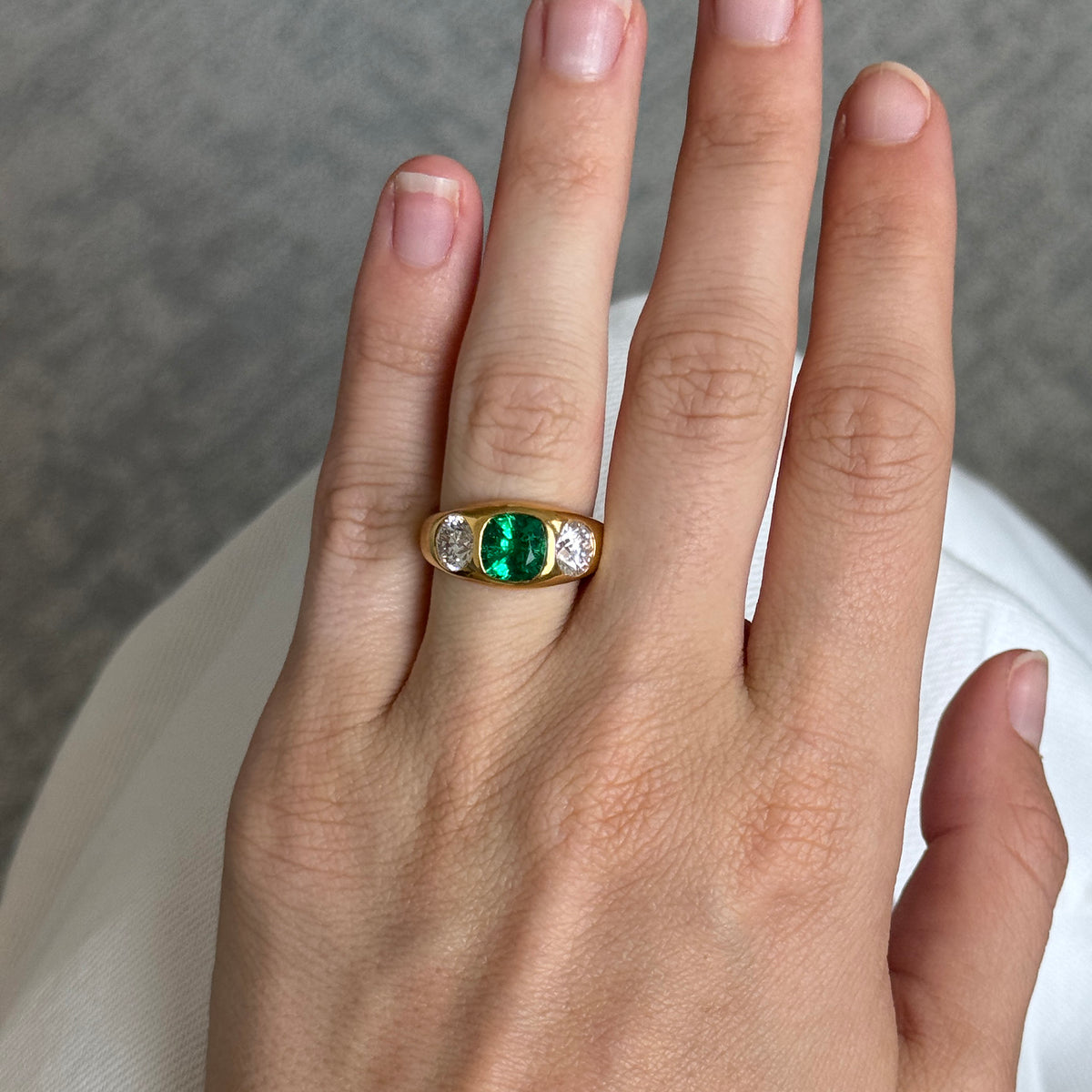 1.60ct Emerald & Diamond Three-Stone 18K Yellow Gold Gypsy Ring