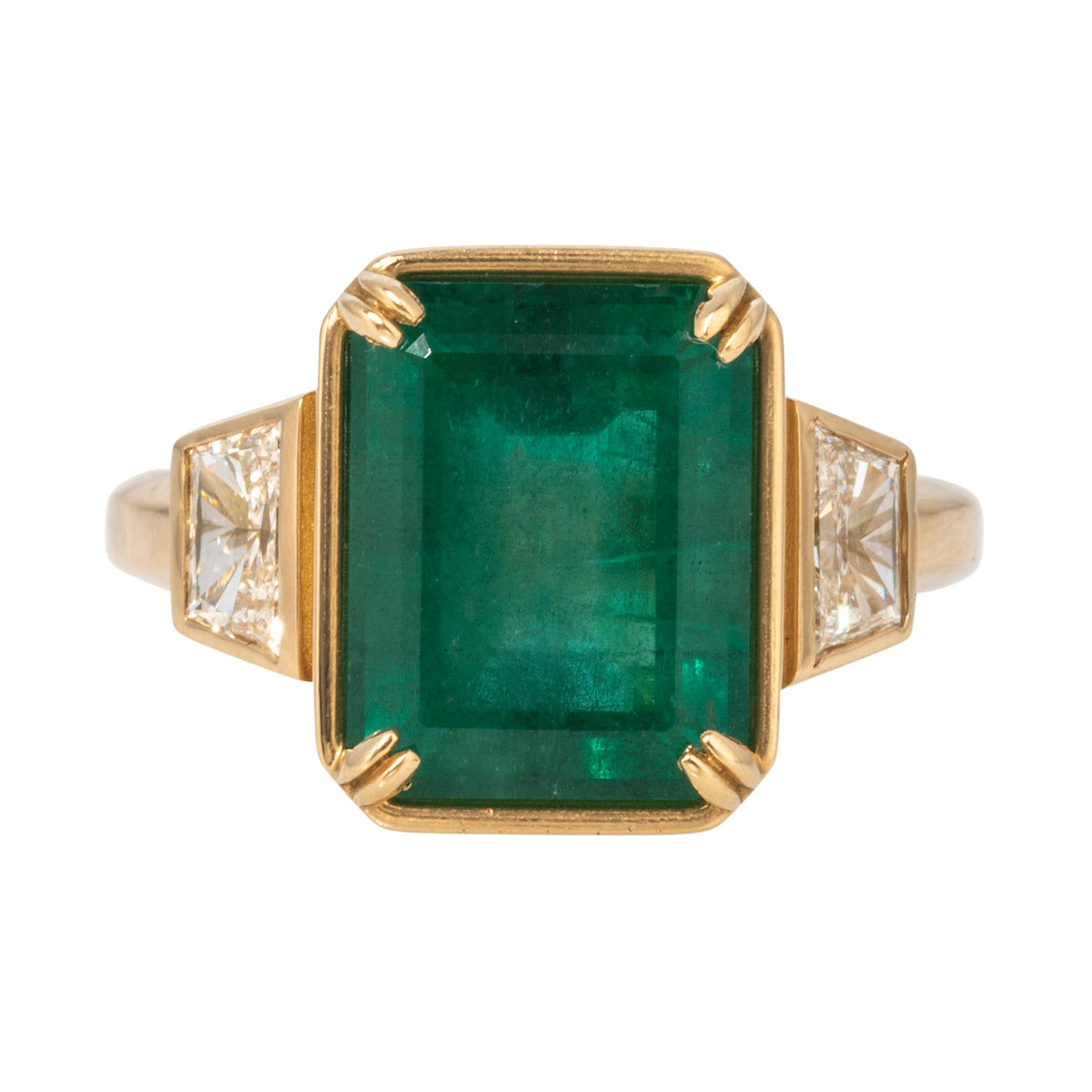 5.95ct Emerald & Diamond Three-Stone 18K Yellow Gold Ring