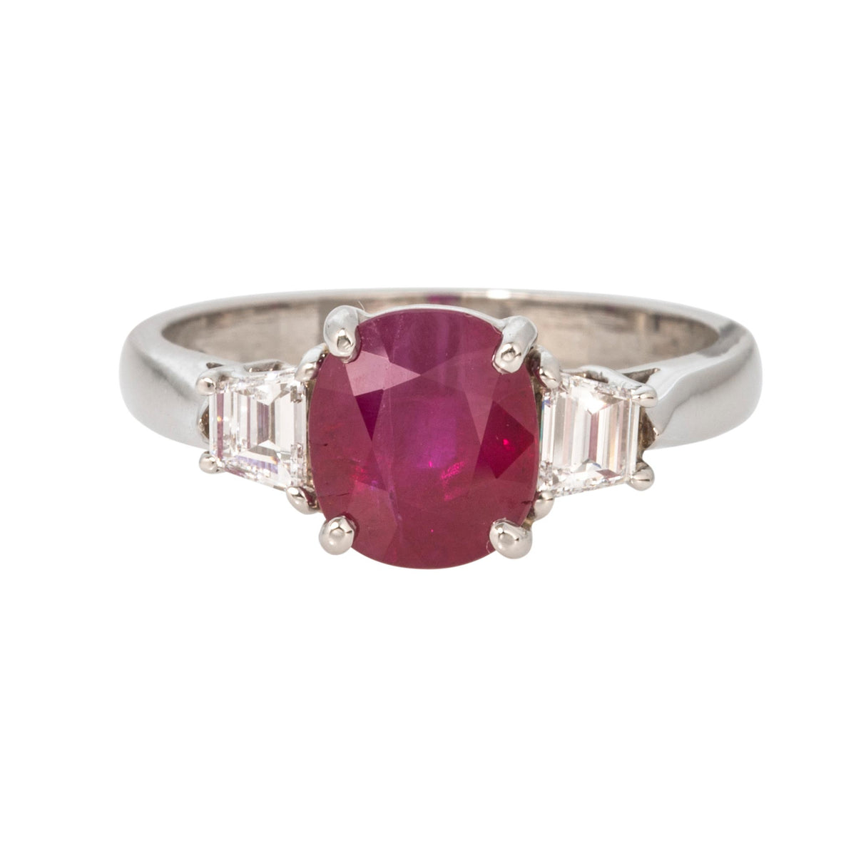 2ctw Cushion Ruby & Diamond Three-Stone Platinum Ring