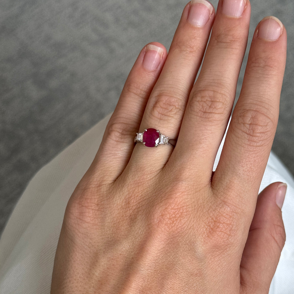 2ctw Cushion Ruby & Diamond Three-Stone Platinum Ring