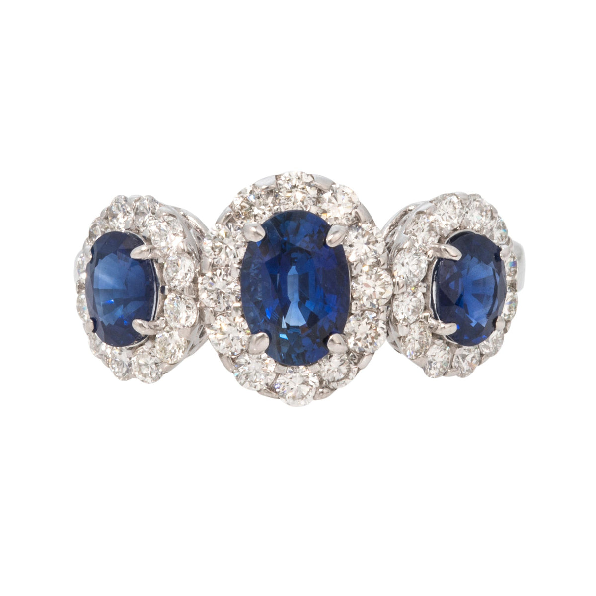 Oval Sapphire Three-Stone & Diamond Halo 18K White Gold Ring