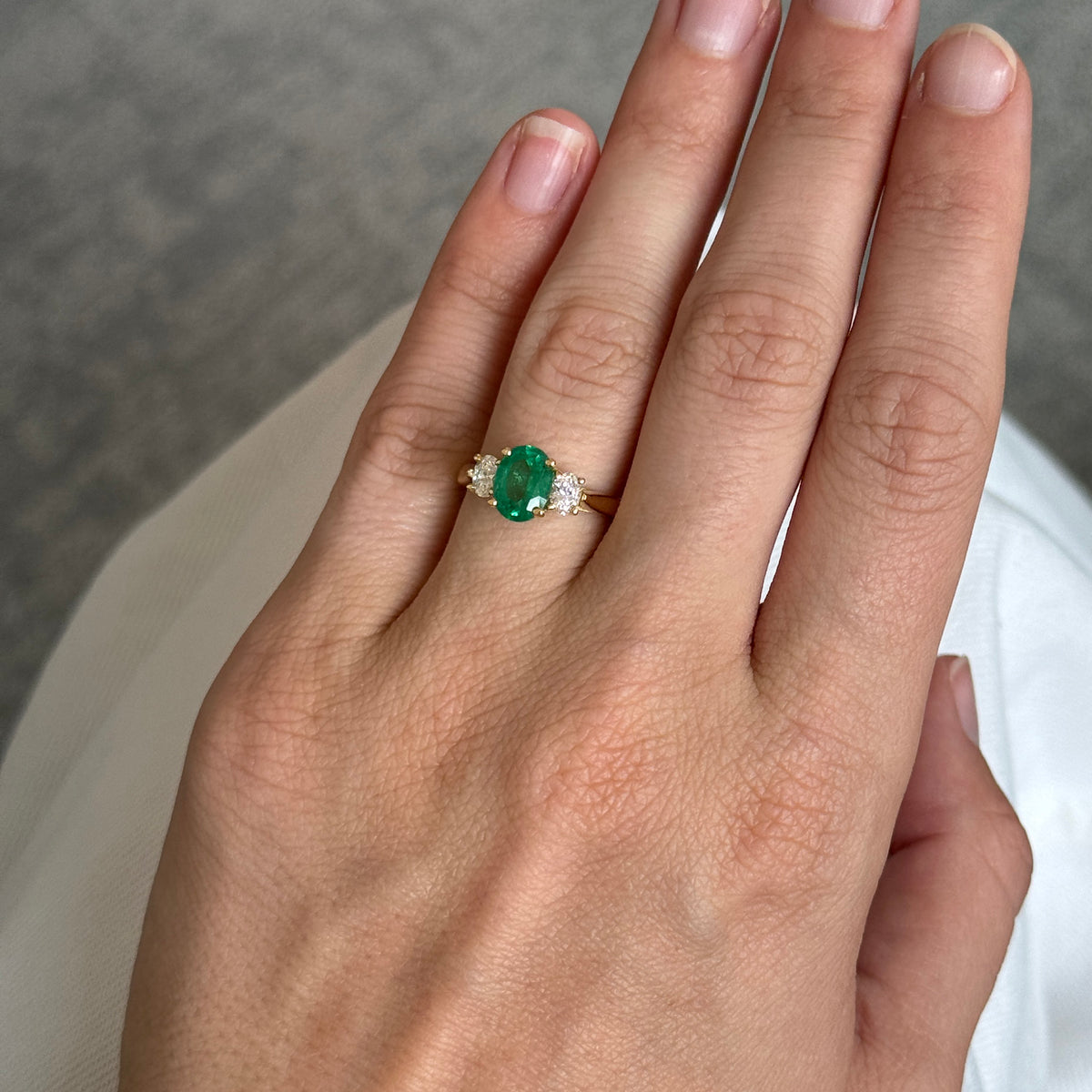1.20ct Oval Emerald & Diamond Three-Stone 18K Yellow Gold Ring