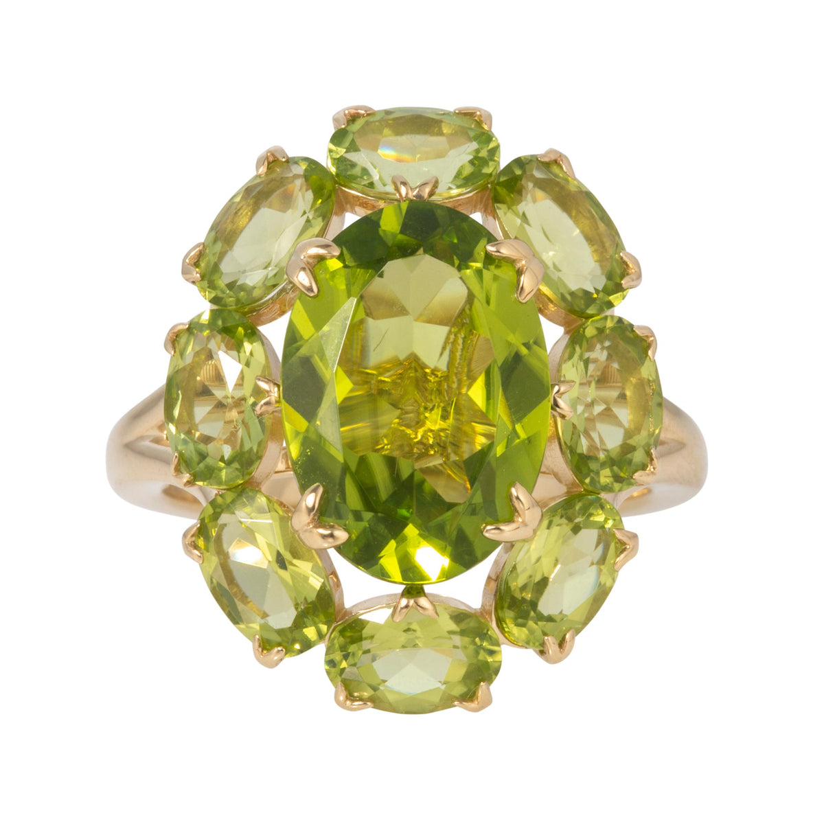 Oval Peridot 14K Gold Large Cluster River Ring