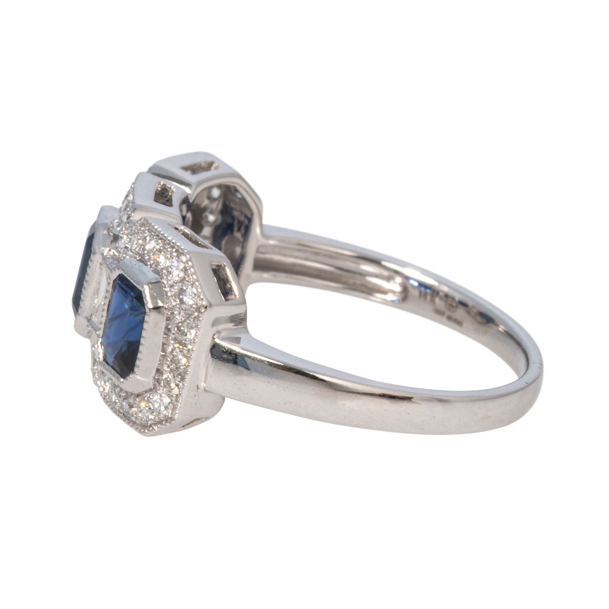 Art Deco Style Sapphire Three-Stone & Diamond 14K White Gold Ring