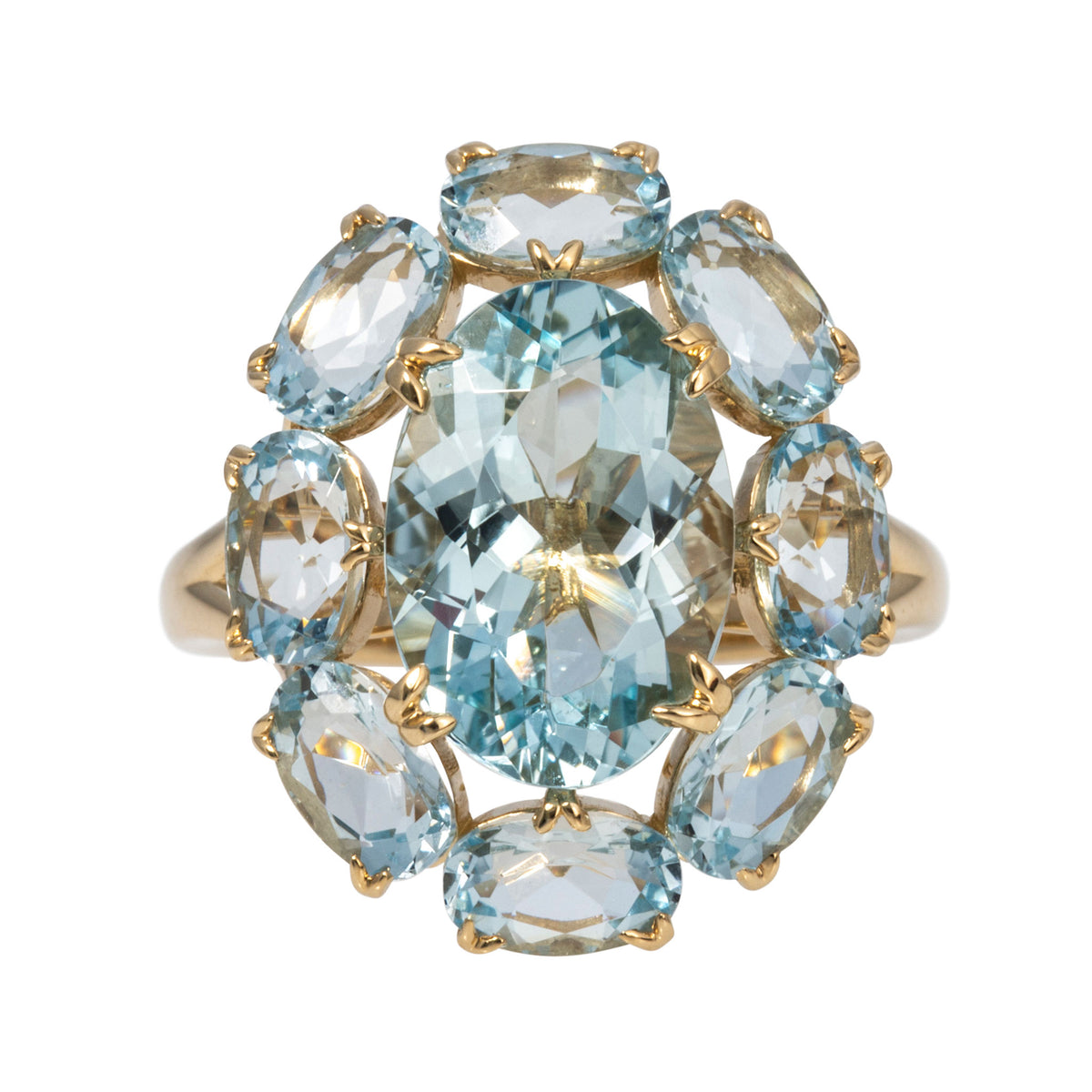 Oval Aquamarine 14K Gold Large Cluster River Ring