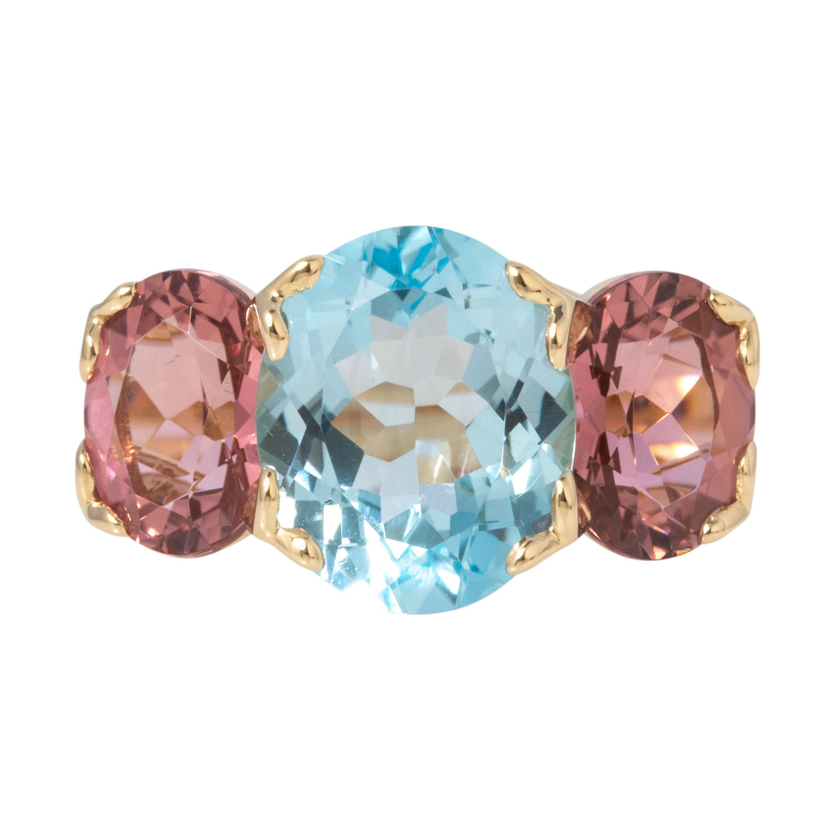 Blue Topaz & Pink Tourmaline 14K Gold Three-Stone River Ring