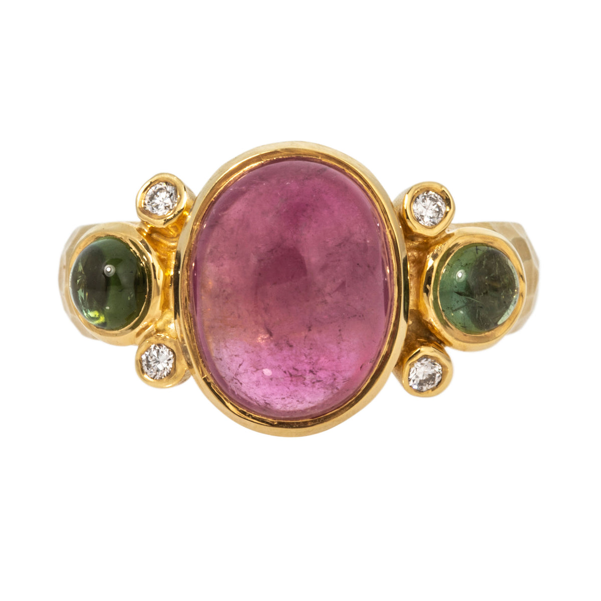 Pink & Green Tourmaline Three-Stone 14K Yellow Gold Ring on a white background.