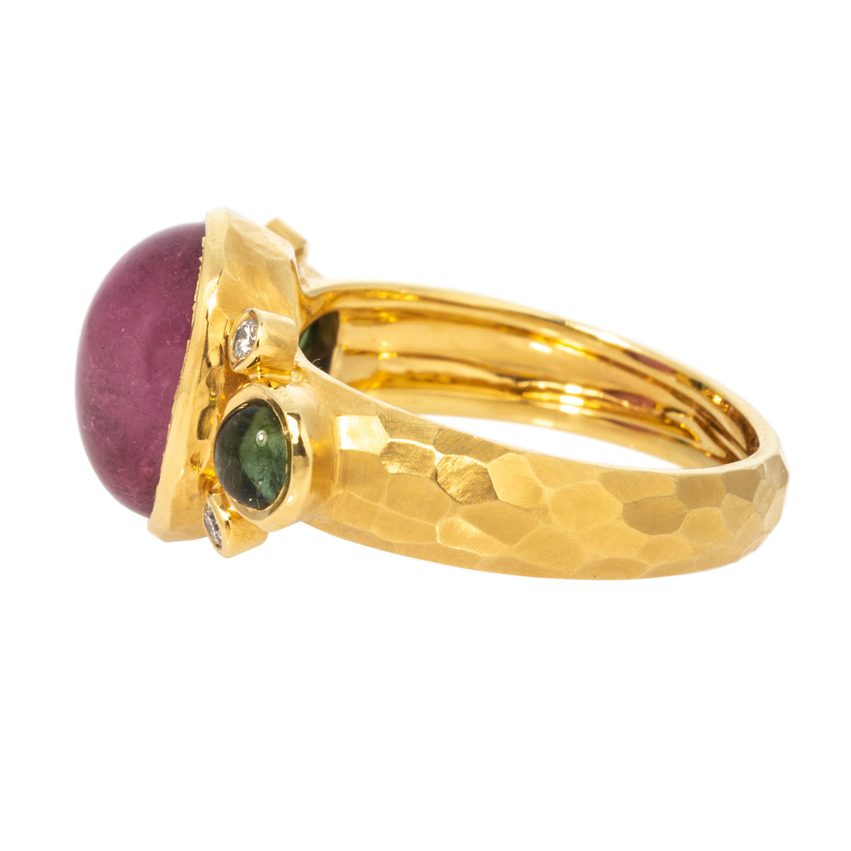 Side view of Pink & Green Tourmaline Three-Stone 14K Yellow Gold Ring on a white background.