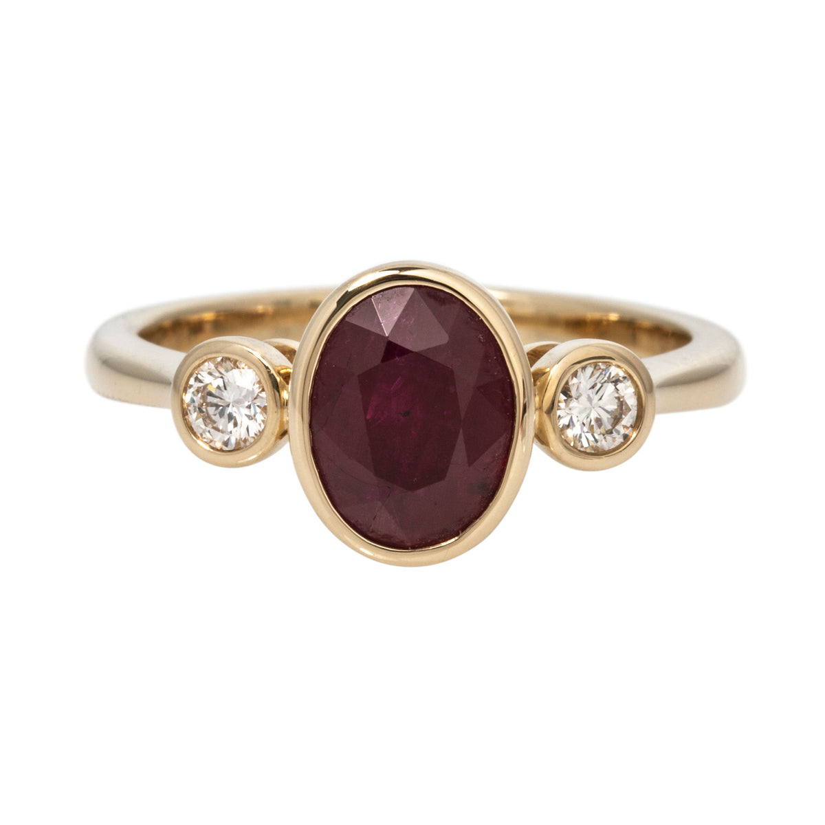 Oval Ruby & Round Diamond Three-Stone Bezel 14K Gold Ring