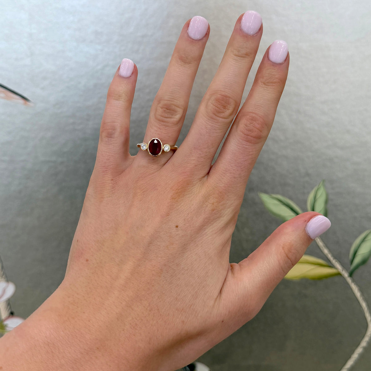 Oval Ruby & Round Diamond Three-Stone Bezel 14K Gold Ring