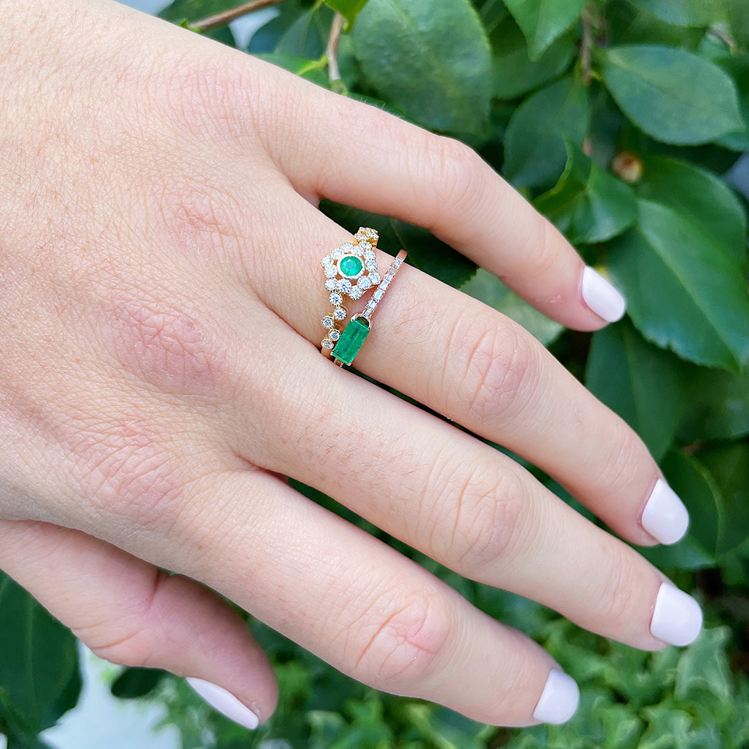 Round Emerald & Diamond Bezel Set 14K Yellow Gold Ring