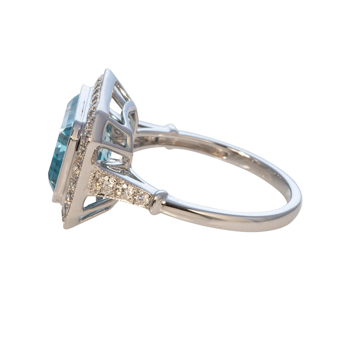 Emerald Cut Blue Topaz & Diamond 18K White Gold Ring