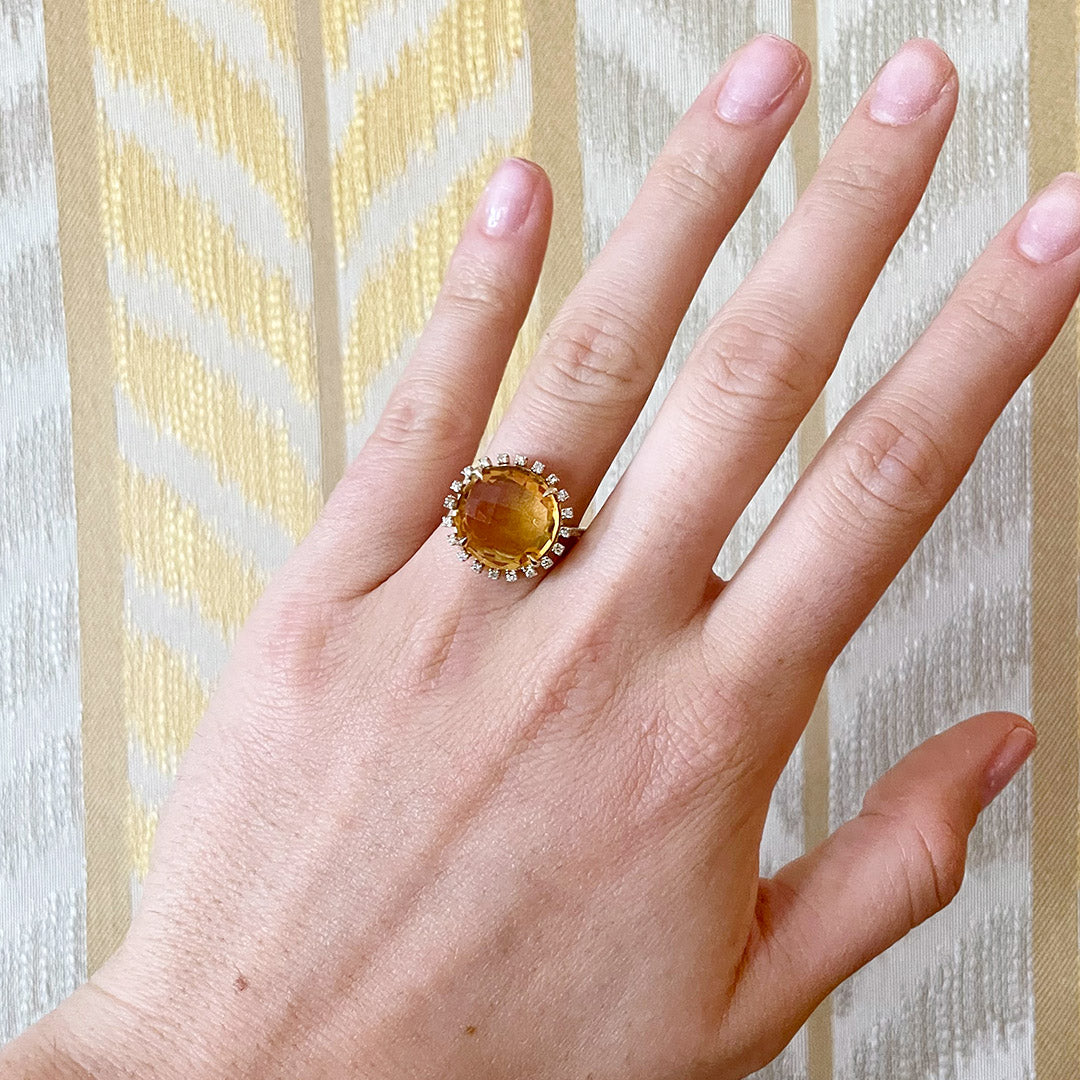 Citrine & Diamond Halo 18K Yellow Gold Ring