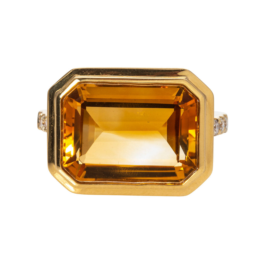 Emerald Cut Citrine & Pavé Diamond 18K Gold Ring
