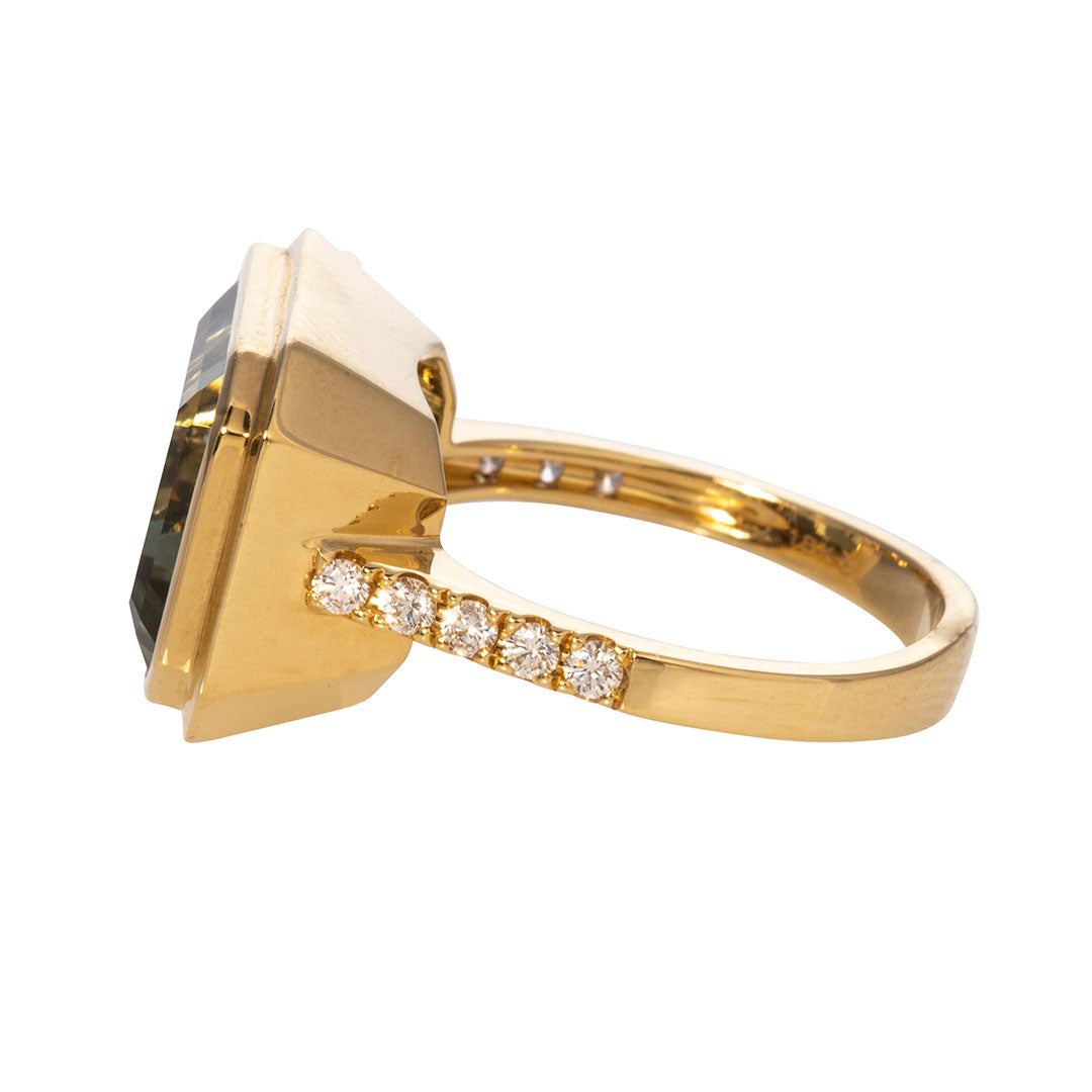 Emerald Cut Green Amethyst & Pavé Diamond 18K Gold Ring