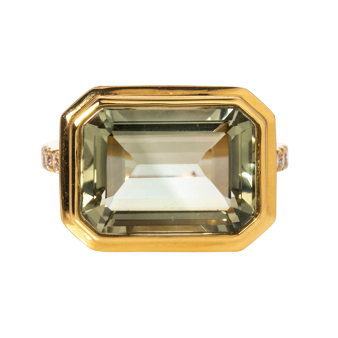 Emerald Cut Green Amethyst & Pavé Diamond 18K Gold Ring