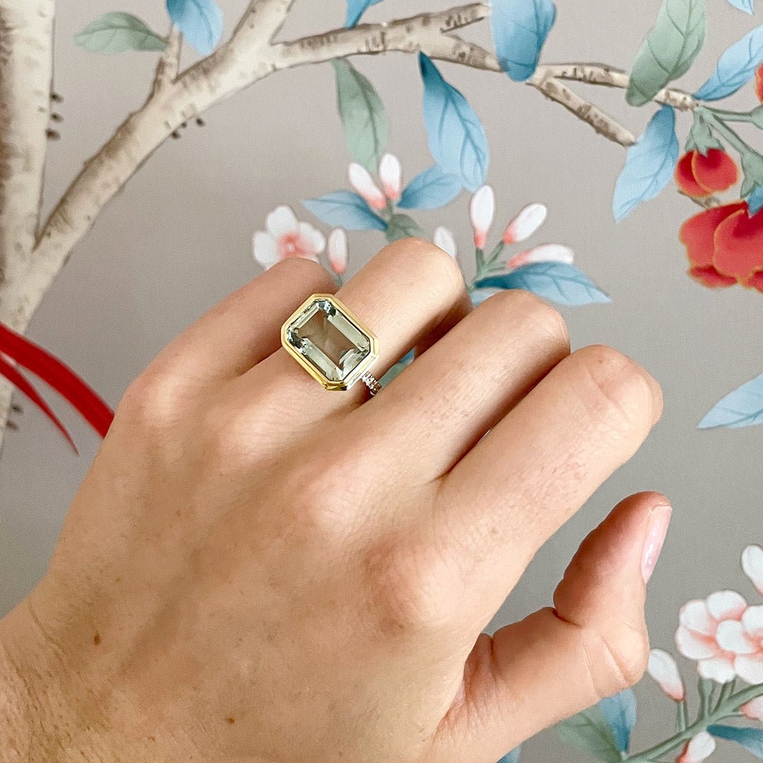 Emerald Cut Green Amethyst & Pavé Diamond 18K Gold Ring