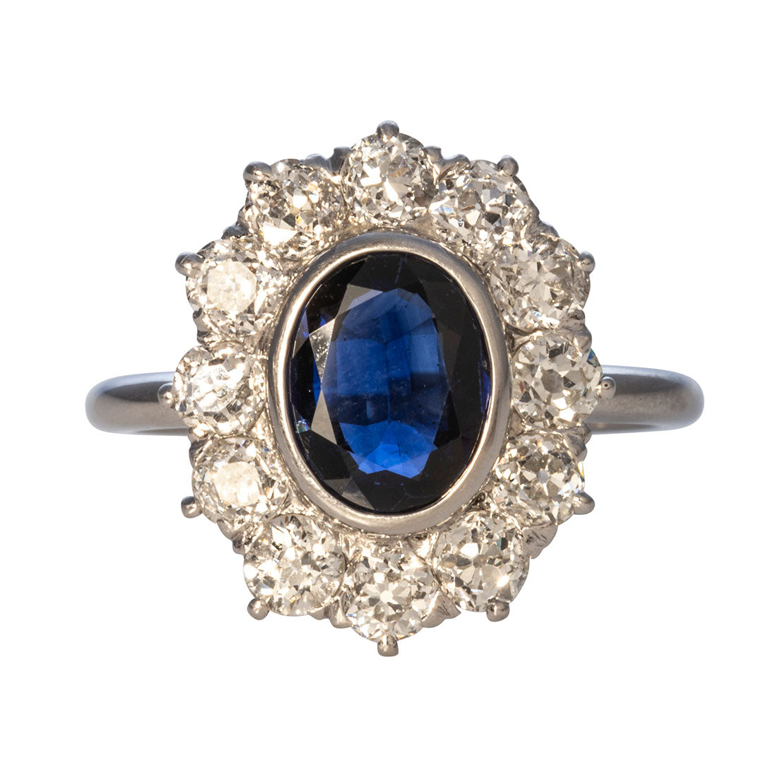 Estate Oval Sapphire & Diamond Cluster White Gold Ring