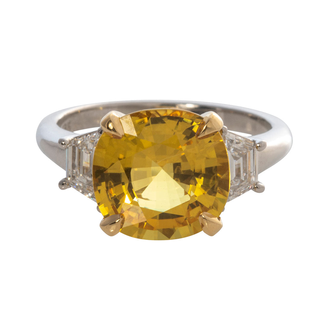Yellow Sapphire & Diamond Three Stone 18K Gold Platinum Ring