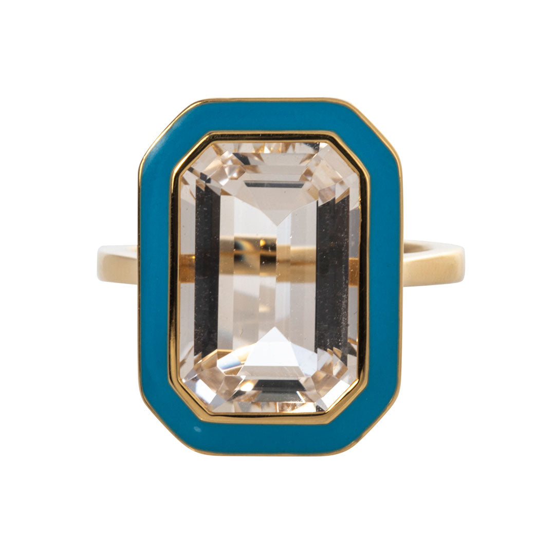 Goshwara Emerald Cut Rock Crystal & Turquoise Enamel 18K Gold Ring