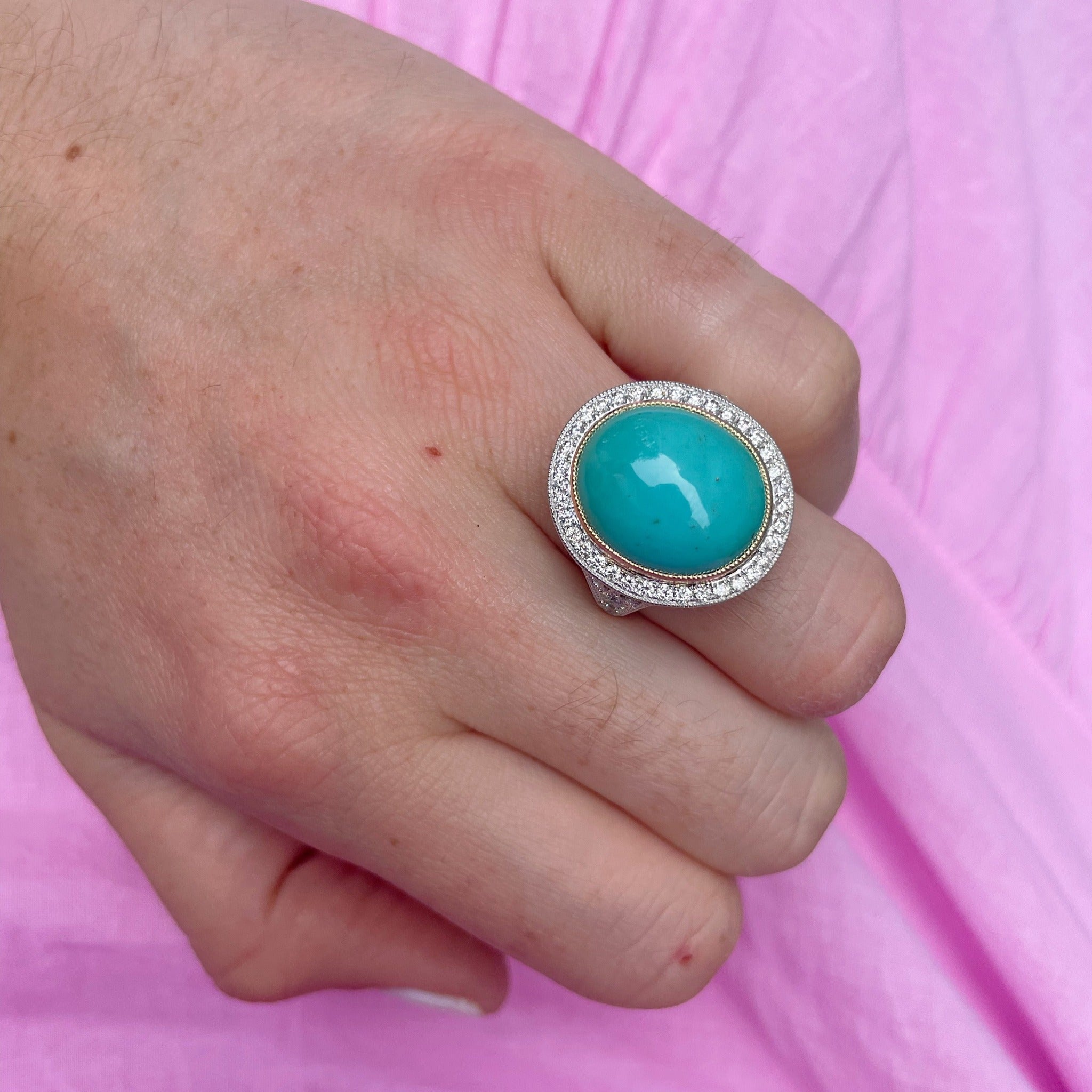 Oval Cabochon Turquoise & Diamond 14K Gold Ring