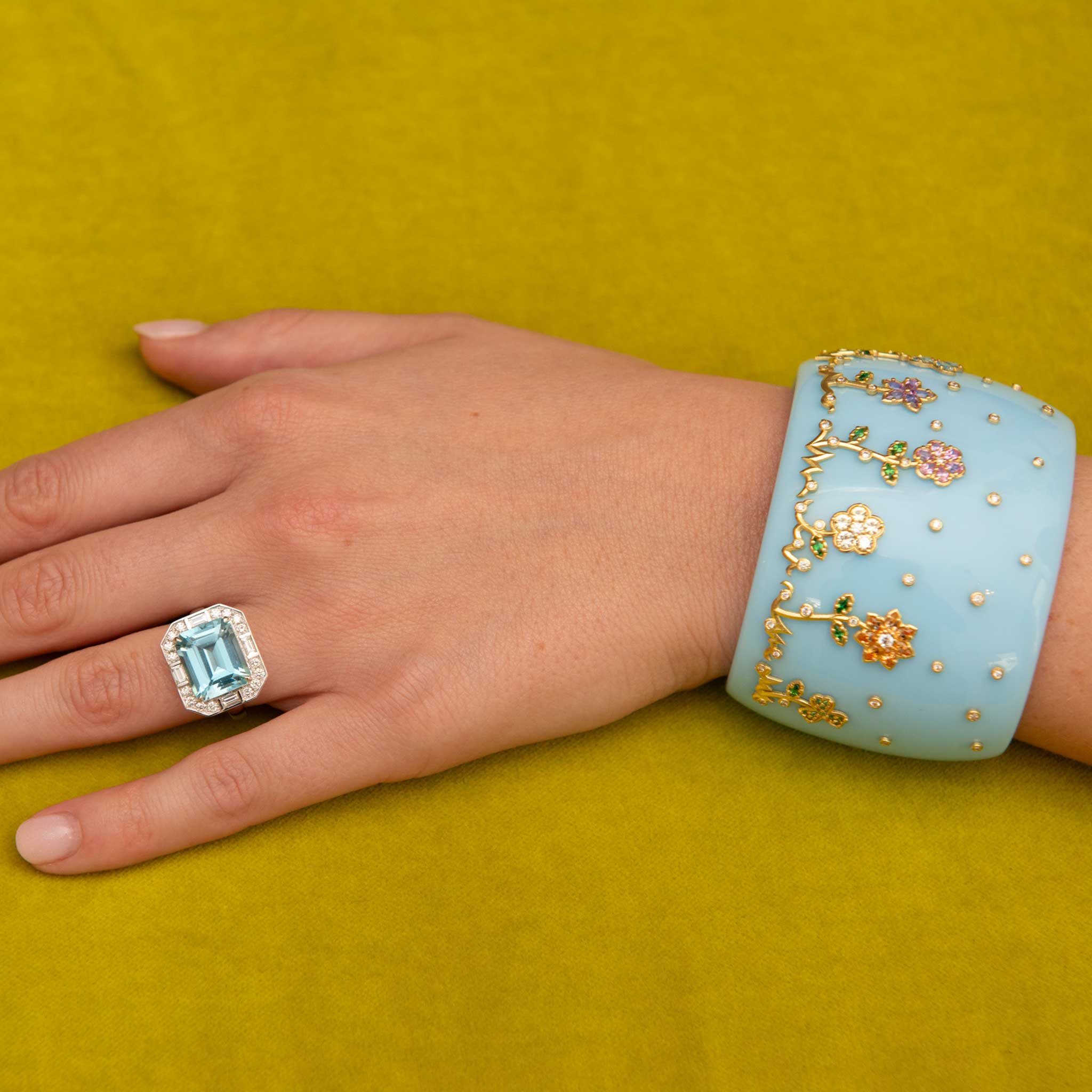 Emerald-Cut Blue Topaz & Diamond 18K White Gold Ring, Paul Morelli Wild Child Flower Cuff