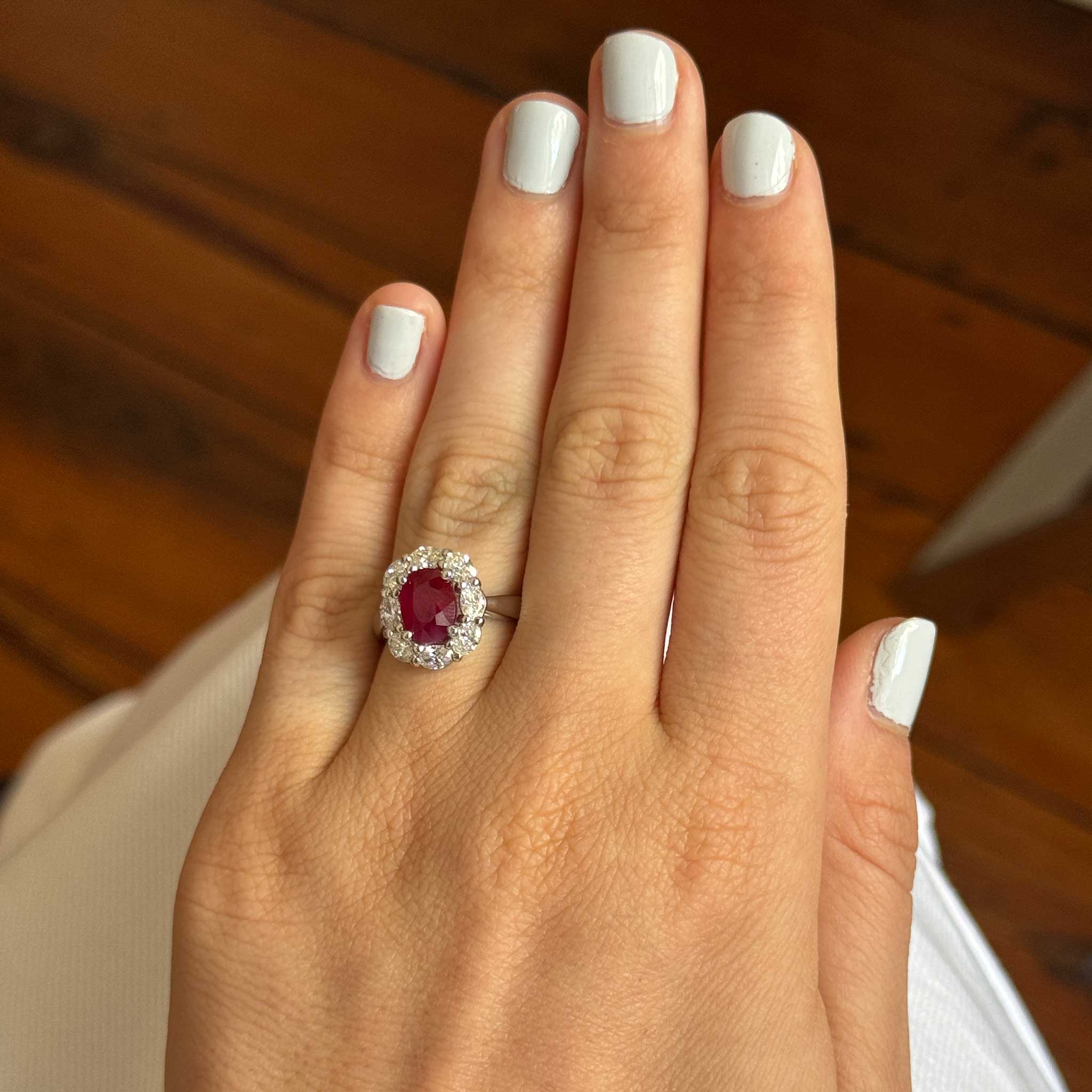 2.25ct Oval Ruby & 1ct Diamond Cluster 18K White Gold Ring