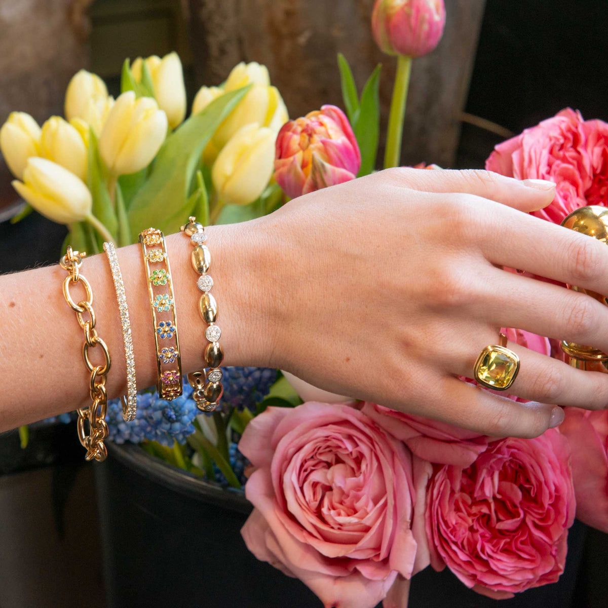 Goshwara Lemon Quartz Bezel Set 18K Gold Ring, Mary Pavé Diamond Station Line Bracelet, Temple St. Clair Fiori Bangle, 3ctw Diamond 14K Yellow Gold Flexible Tennis Bangle