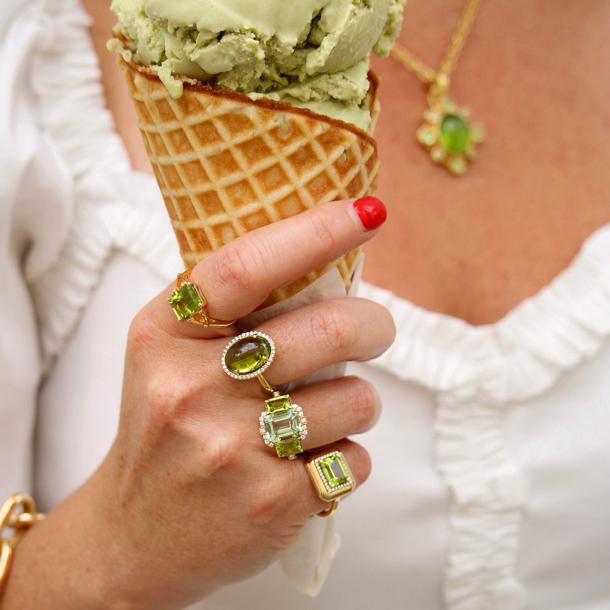 Mazza Oval Cabochon Peridot & Diamond Halo 14K Gold Ring, Goshwara 3-Stone Prasiolite & Peridot 18K Gold Ring