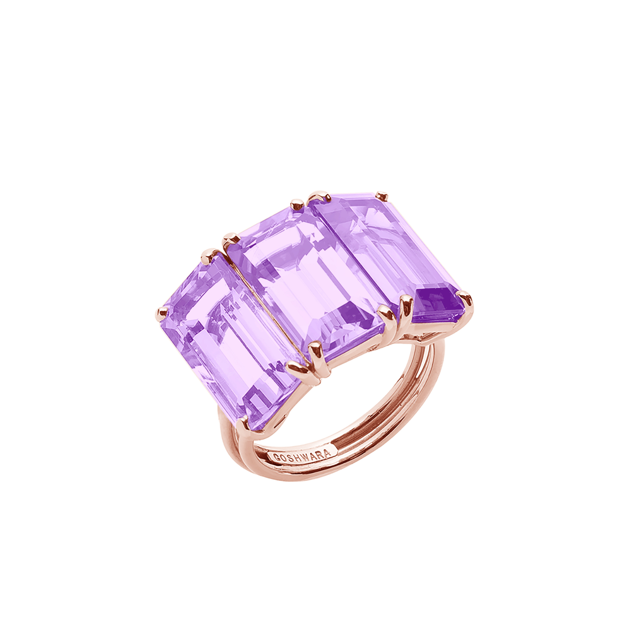 Goshwara Triple Emerald-Cut Amethyst 18K Rose Gold Ring